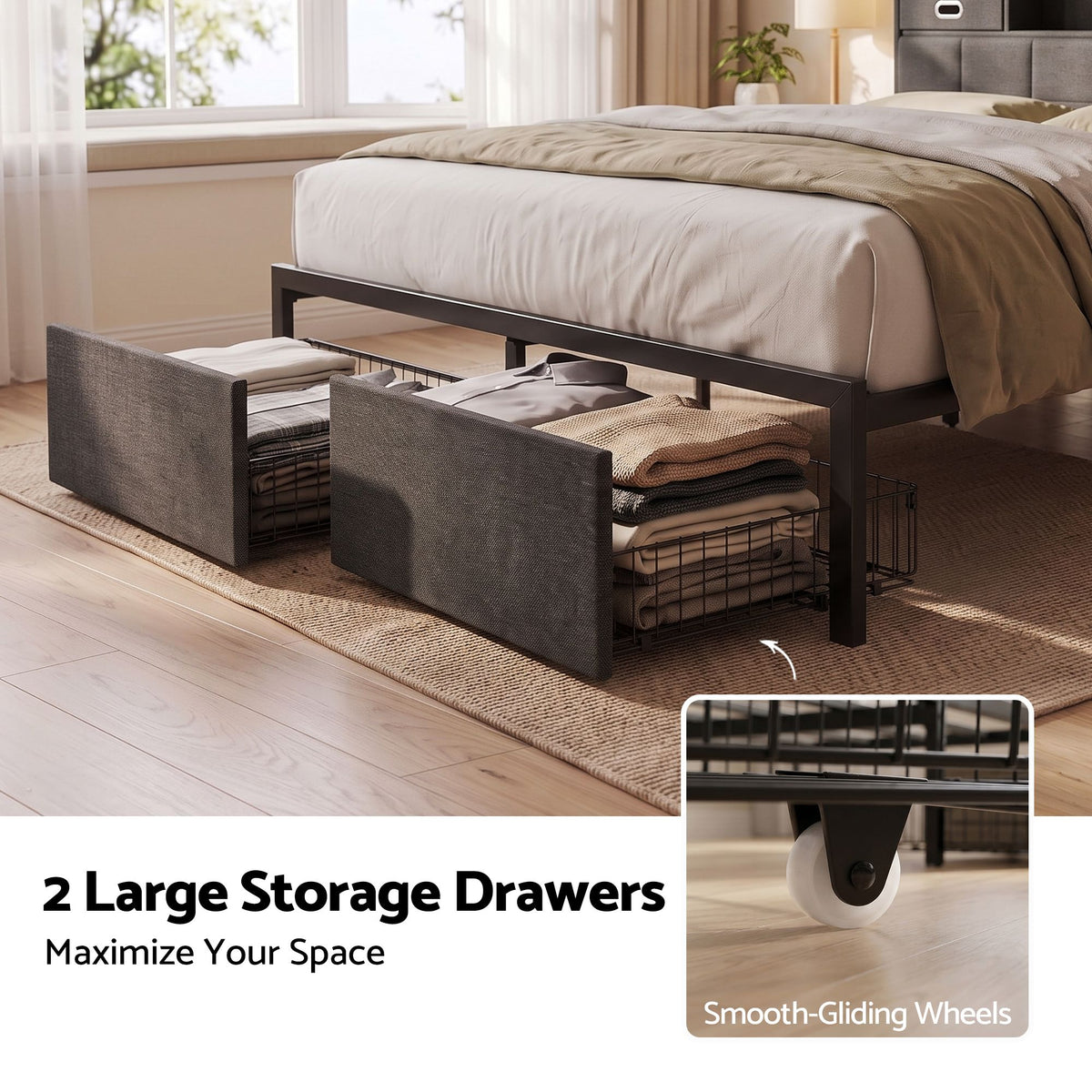Artiss Queen Bed Frame with Storage Drawers & Headboard, 2 Drawer, USB, LED