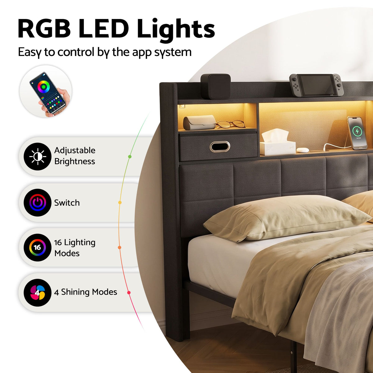 Artiss Queen Bed Frame with Storage Drawers & Headboard, 2 Drawer, USB, LED
