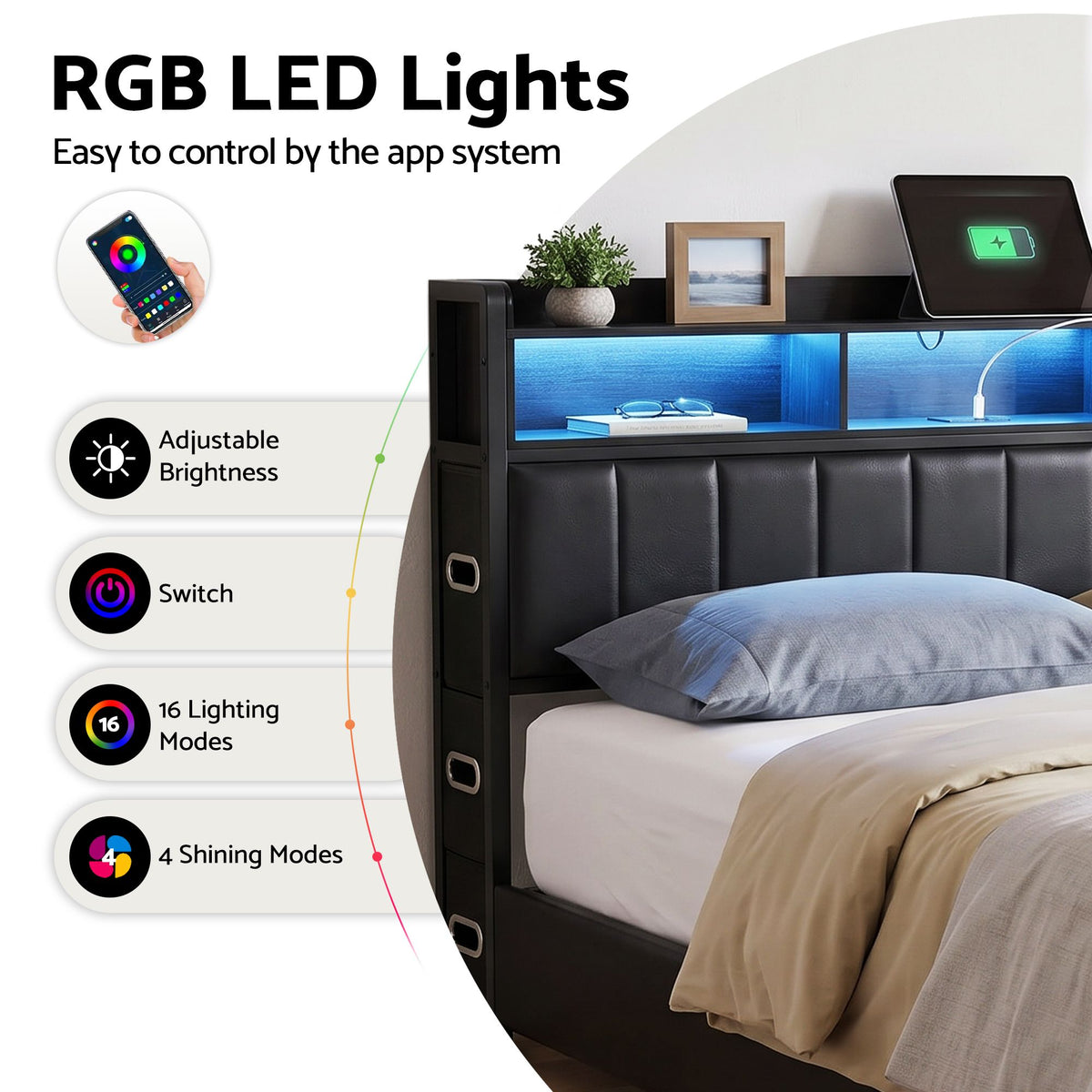 Artiss King Bed Frame with Storage Headboard, 2 Drawers, Charging Station & LED Light