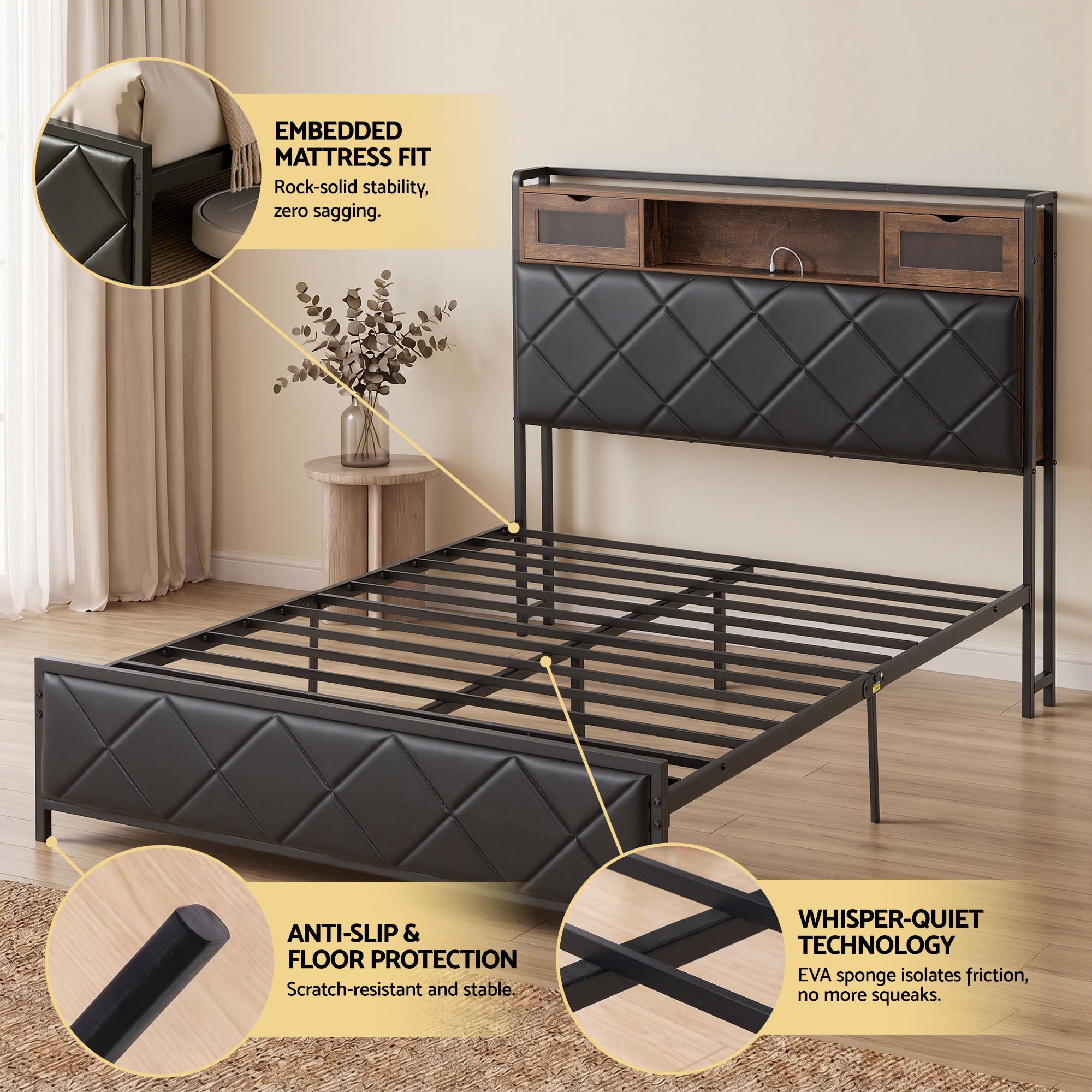 Artiss Double Bed Frame with LED Lights Storage Headboard 2 USB 2 AC Outlets Charging Station-Furniture > Bedroom > Beds & Bed Frames-PEROZ Accessories