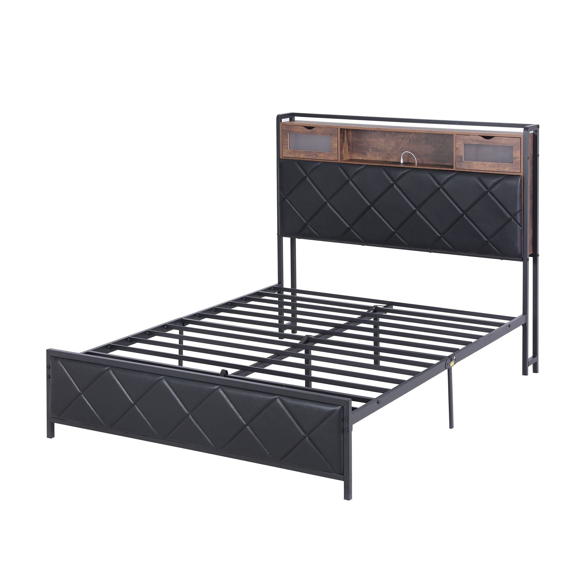 Artiss Double Bed Frame with LED Lights Storage Headboard 2 USB 2 AC Outlets Charging Station-Furniture > Bedroom > Beds & Bed Frames-PEROZ Accessories