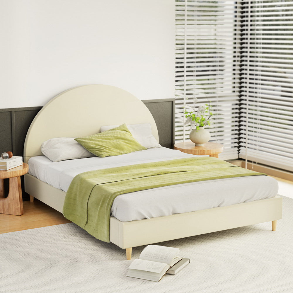 Artiss Bed Frame Double Size Bed Base w Arched Headboard Velvet Fabric Cream-Furniture > Bedroom-PEROZ Accessories