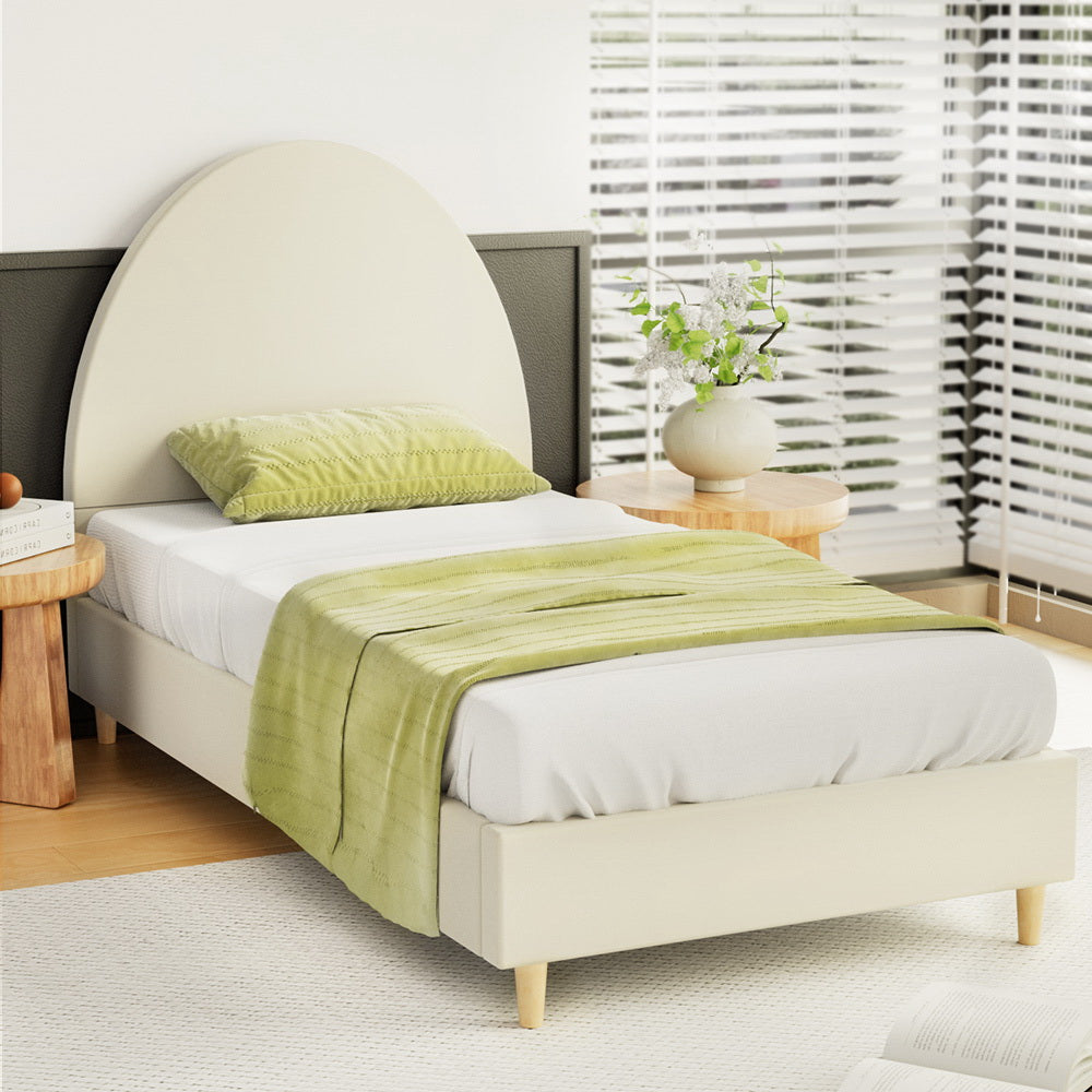Artiss Bed Frame Single Size Bed Base w Arched Headboard Velvet Fabric Cream-Furniture > Bedroom-PEROZ Accessories