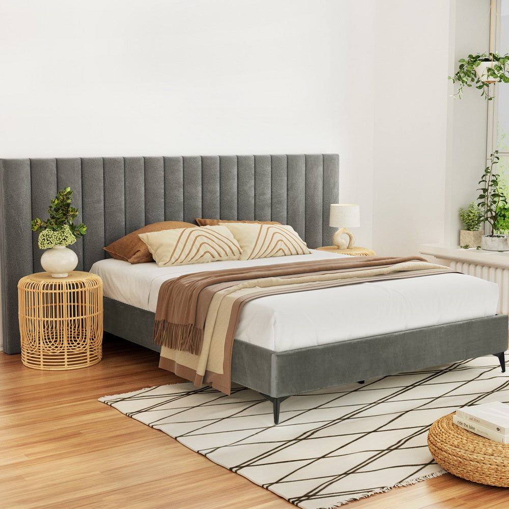Artiss Bed Frame Queen Size Bed Base w Oversized Headboard Velvet Fabric Grey-Furniture > Bedroom-PEROZ Accessories