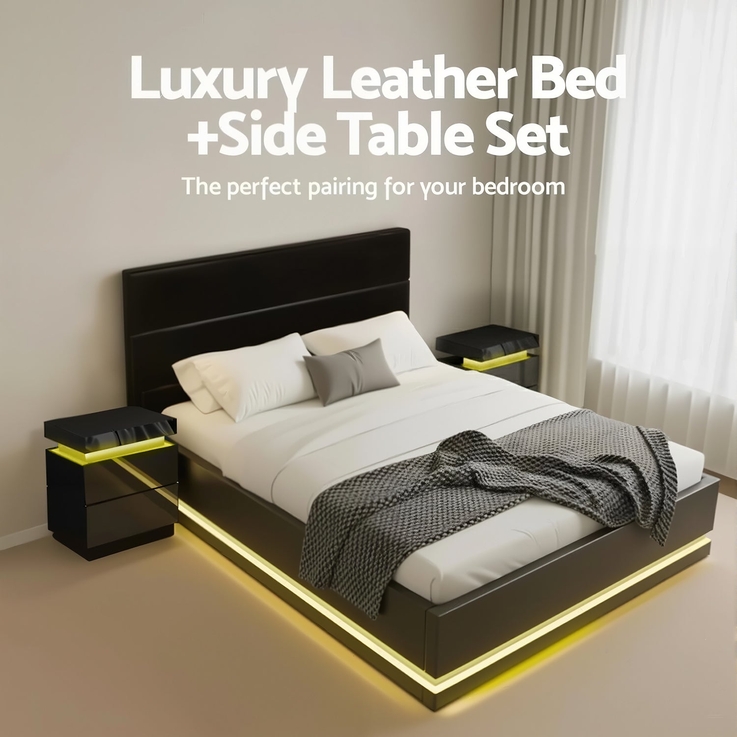 Artiss RGB LED Queen Bed Frame with 2 Beside Tables Set 16 Colour Mood Lighting-Furniture > Bedroom > Beds & Bed Frames-PEROZ Accessories
