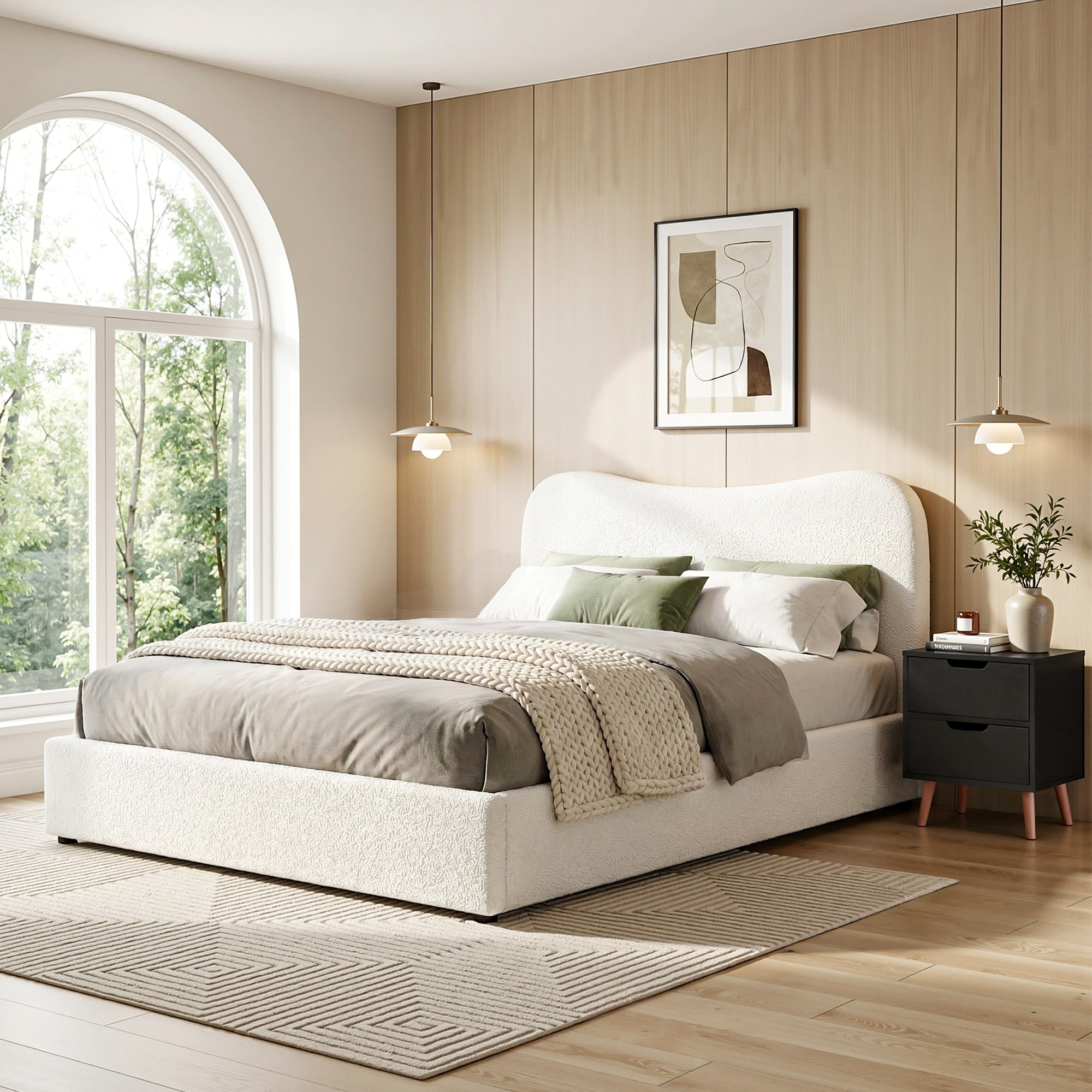 Artiss Double Bed Frame and Bedside Table Set Boucle Beige with Headboard Black Nightstand-Furniture > Bedroom > Beds & Bed Frames-PEROZ Accessories