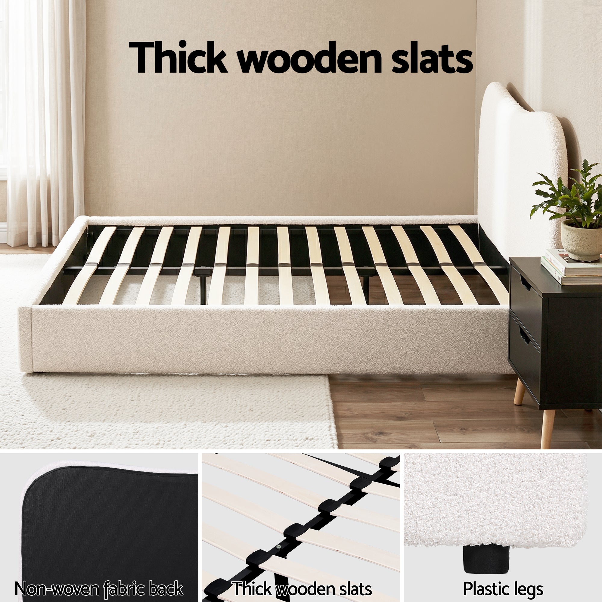 Artiss Double Bed Frame and Bedside Table Set Boucle Beige with Headboard Black Nightstand-Furniture > Bedroom > Beds & Bed Frames-PEROZ Accessories