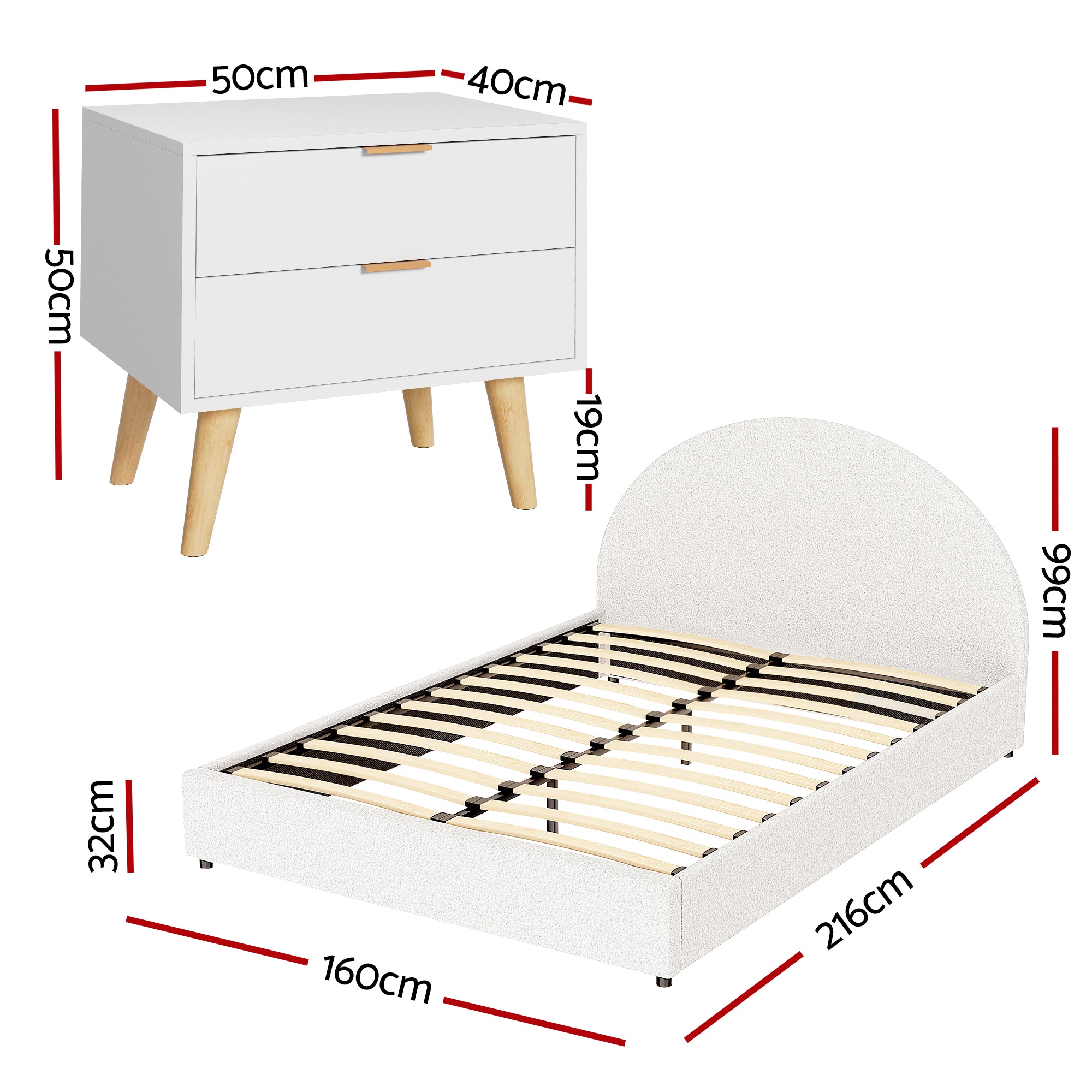 Artiss Queen Bed Frame Bedside Table Set Gas Lift Storage Base with Boucle Fabric Upholstered Headboard 2 Drawer Nightstand for Bedroom Furniture-Furniture > Bedroom > Beds & Bed Frames-PEROZ Accessories