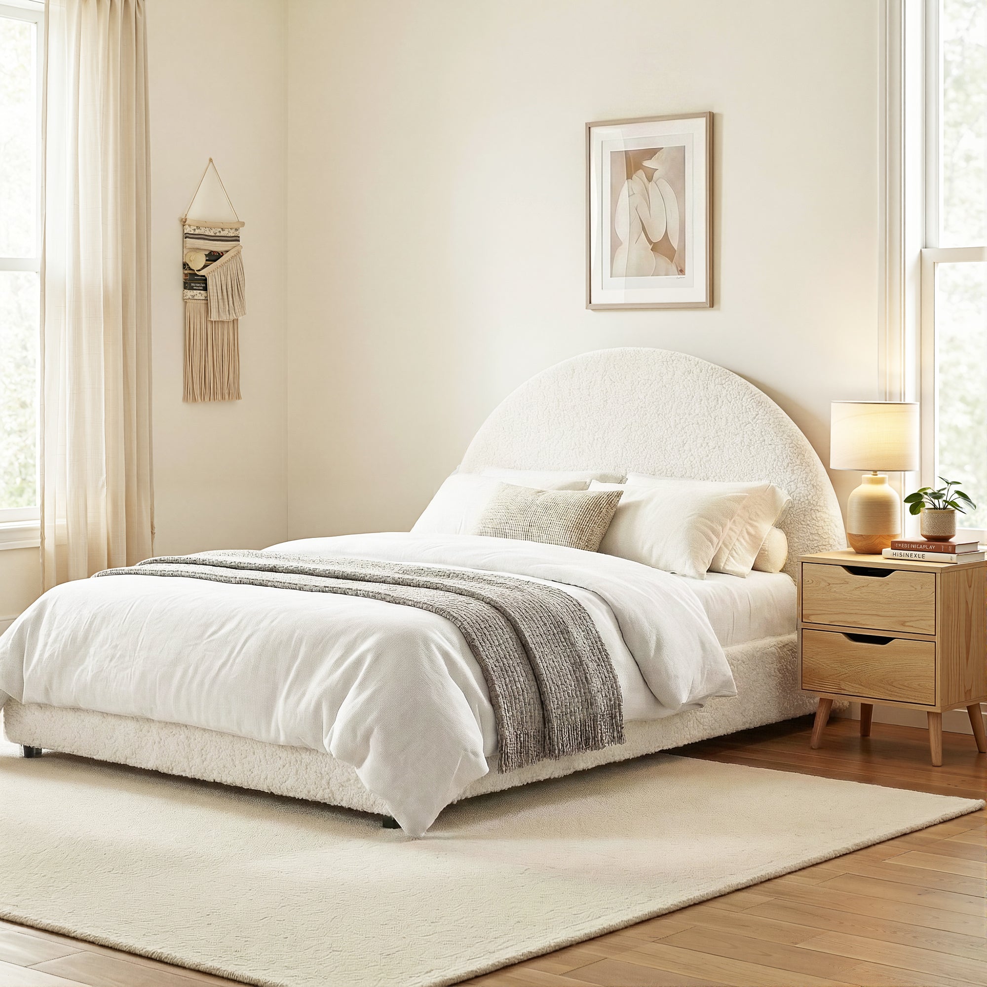 Artiss Gas Lift Queen Bed Frame with Bedside Table Set Boucle Fabric Upholstered Platform Bed Nightstand-Furniture > Bedroom > Beds & Bed Frames-PEROZ Accessories