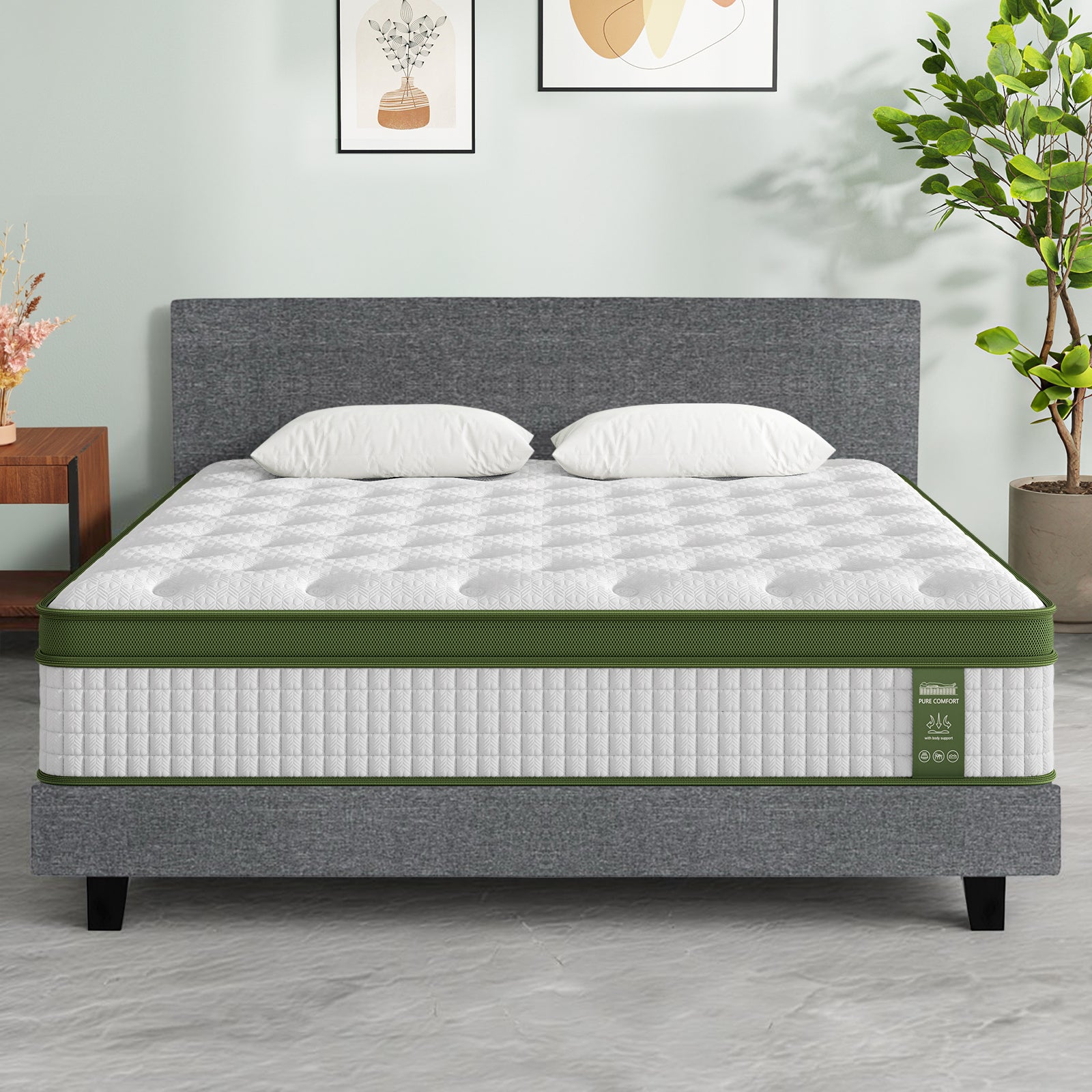 Artiss BedStory King Bed Frame Set With Hybrid Mattress Medium Firm Linen Grey-Furniture > Bedroom > Beds & Bed Frames-PEROZ Accessories