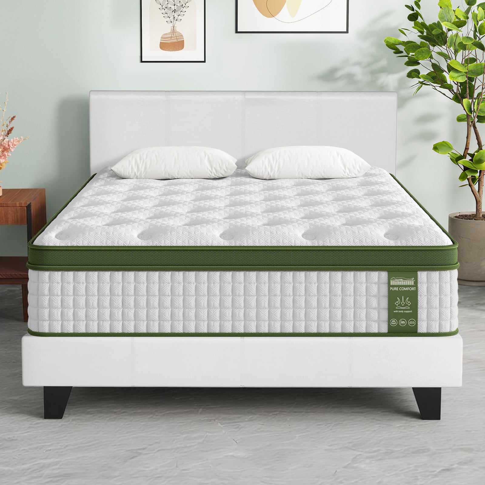 Artiss BedStory Queen Bed Frame Set with Hybrid Mattress and Leather Frame Medium White-Furniture > Bedroom > Beds & Bed Frames-PEROZ Accessories