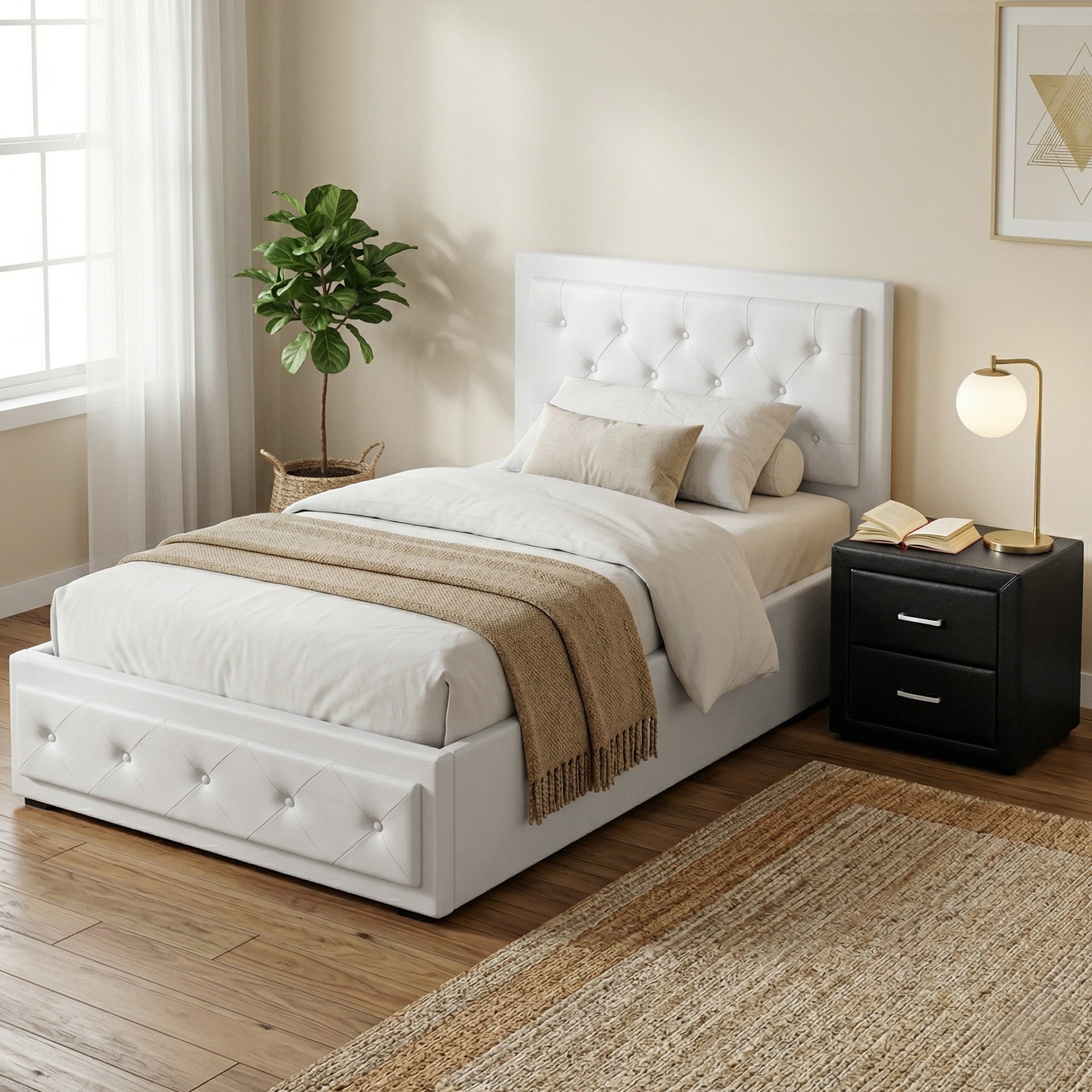 Artiss King Single Bed Frame Storage White Leather Gas Lift Bed Black Bedside Table Set-Furniture > Bedroom > Beds & Bed Frames-PEROZ Accessories