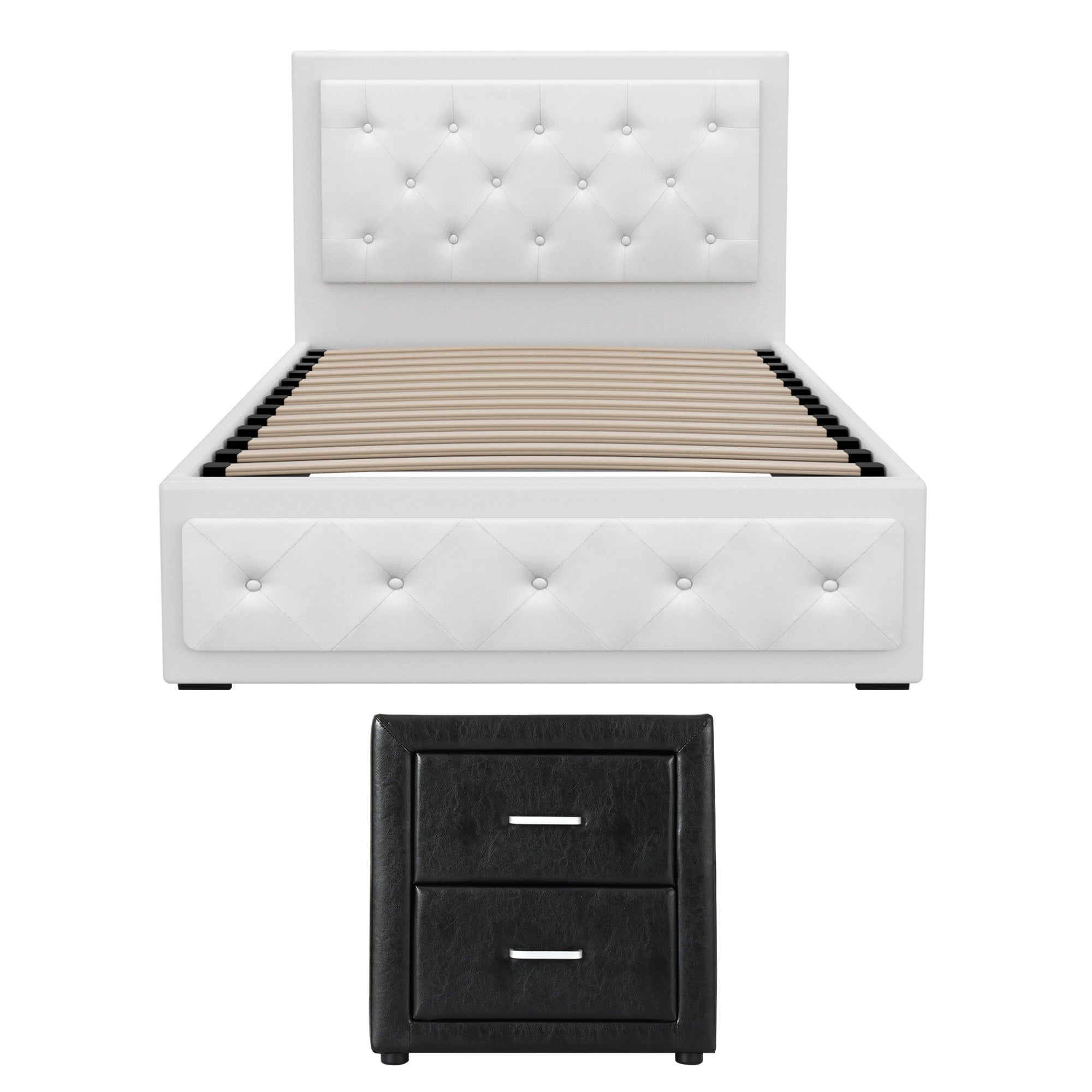 Artiss King Single Bed Frame Storage White Leather Gas Lift Bed Black Bedside Table Set-Furniture > Bedroom > Beds & Bed Frames-PEROZ Accessories