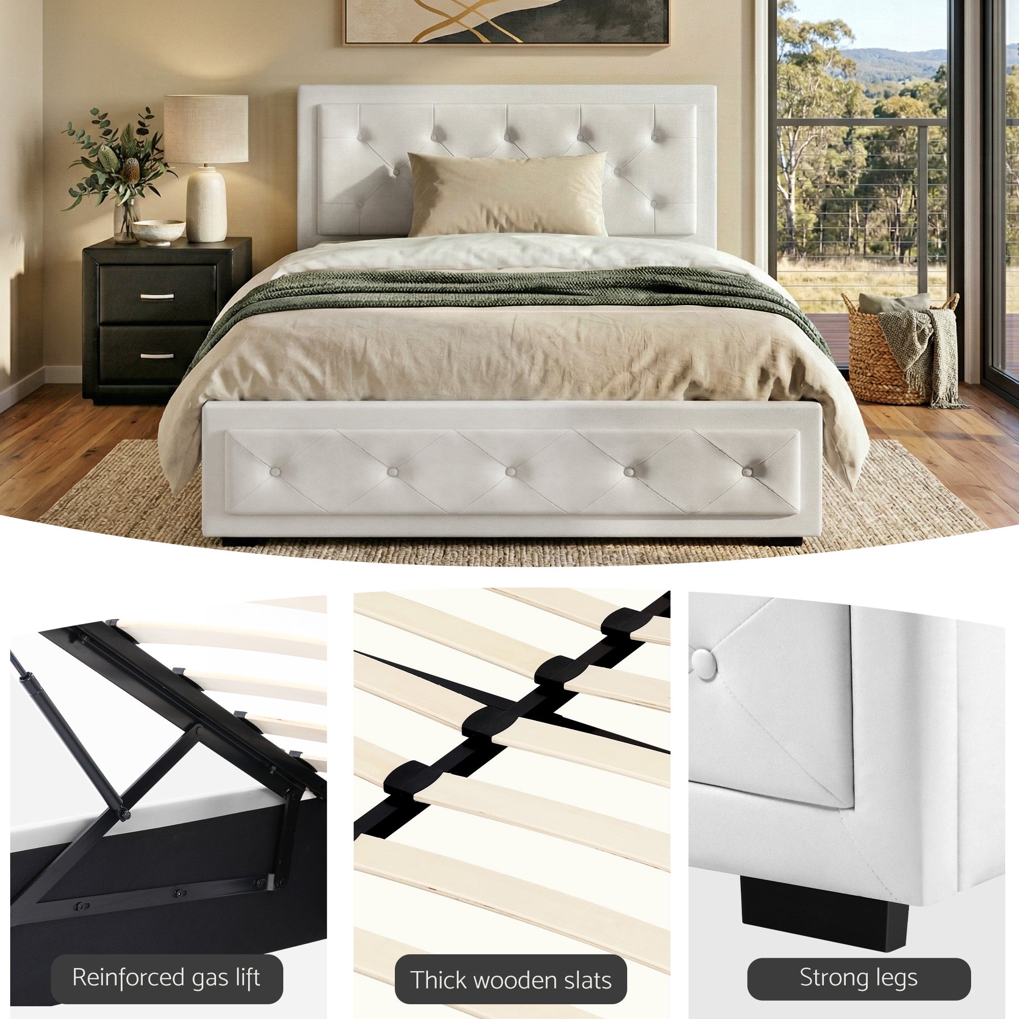 Artiss King Single Bed Frame Storage White Leather Gas Lift Bed Black Bedside Table Set-Furniture > Bedroom > Beds & Bed Frames-PEROZ Accessories