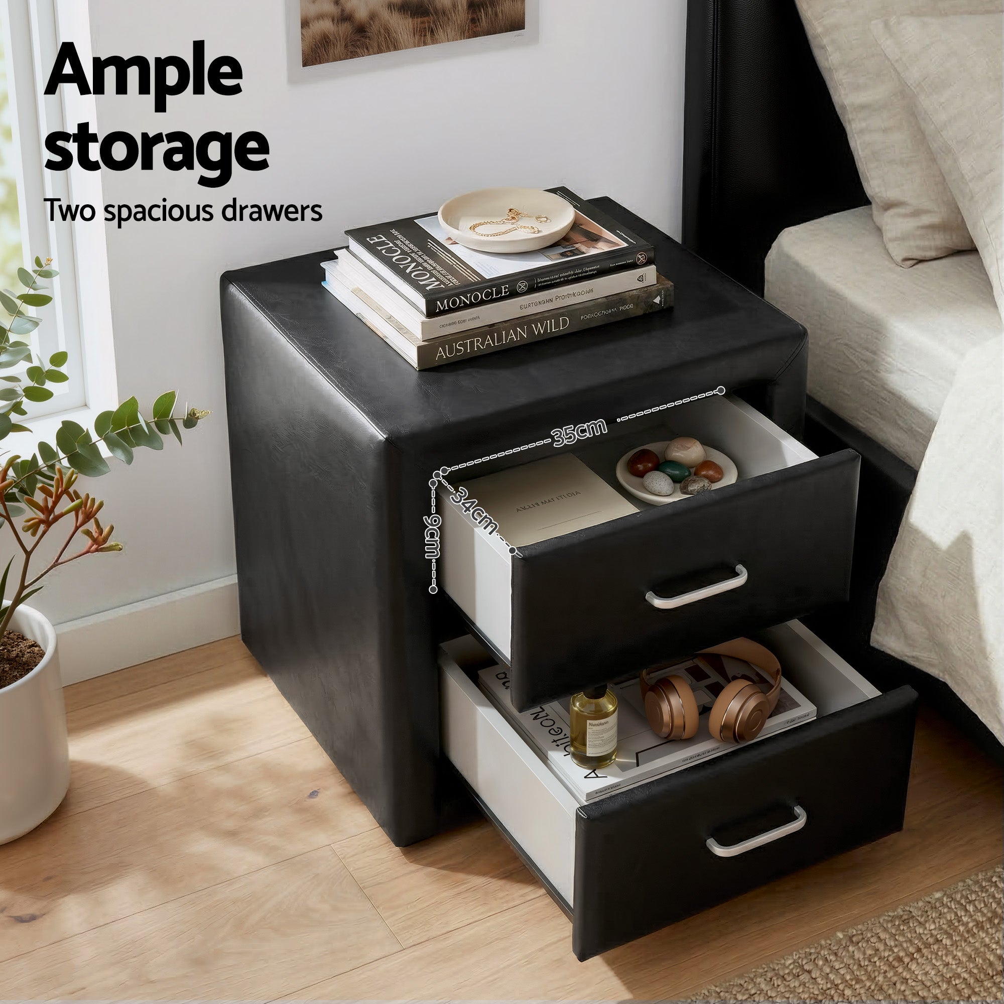 Artiss King Single Bed Frame Storage White Leather Gas Lift Bed Black Bedside Table Set-Furniture > Bedroom > Beds & Bed Frames-PEROZ Accessories