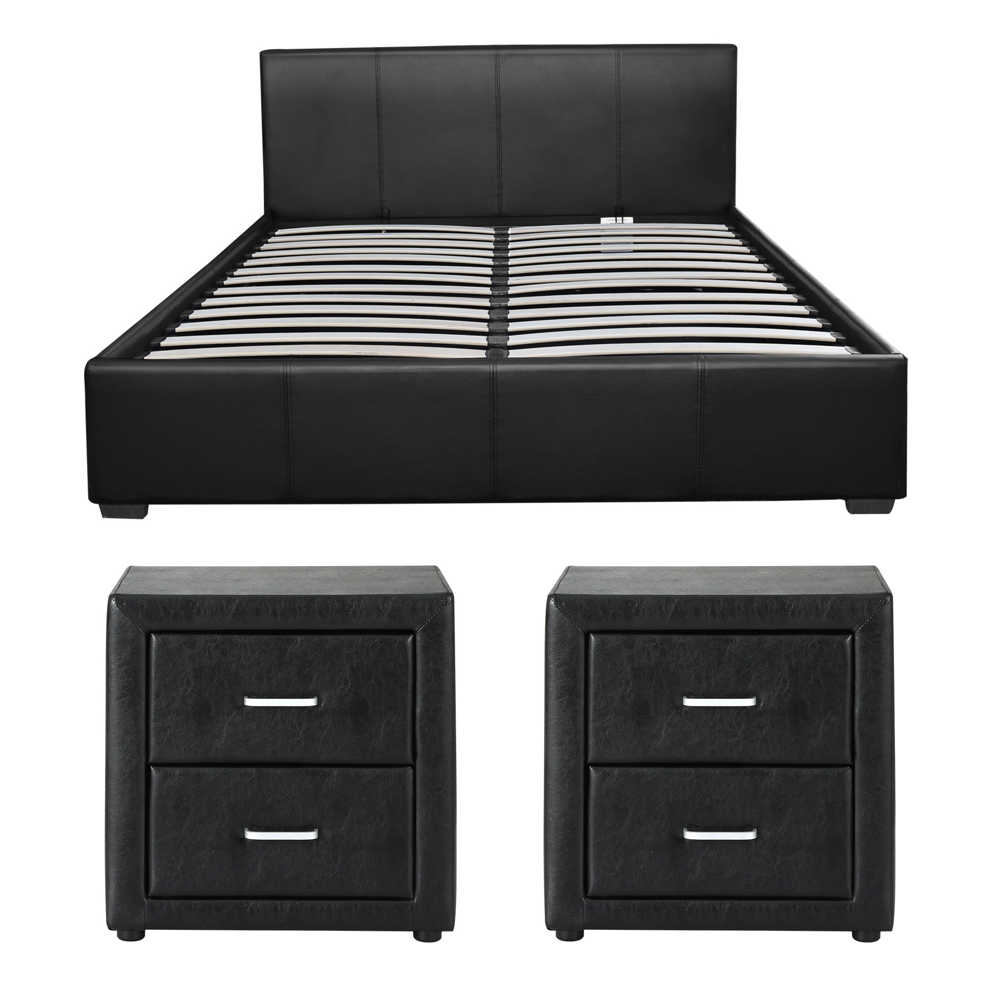 Artiss Gas Lift Queen Bed Frame and 2 Bedside Table Set Leather Black-Furniture > Bedroom > Beds & Bed Frames-PEROZ Accessories