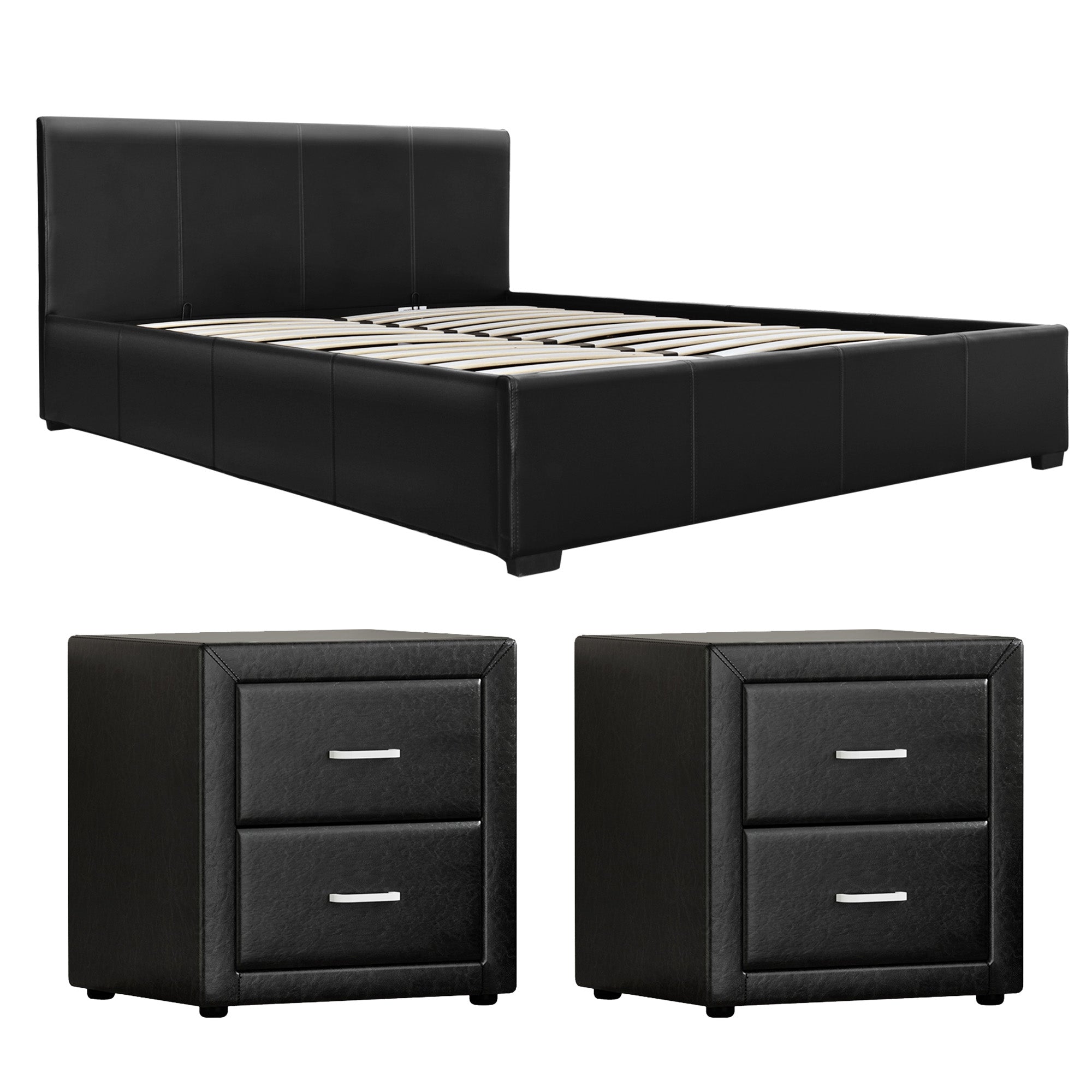 Artiss Gas Lift Queen Bed Frame and 2 Bedside Table Set Leather Black-Furniture > Bedroom > Beds & Bed Frames-PEROZ Accessories