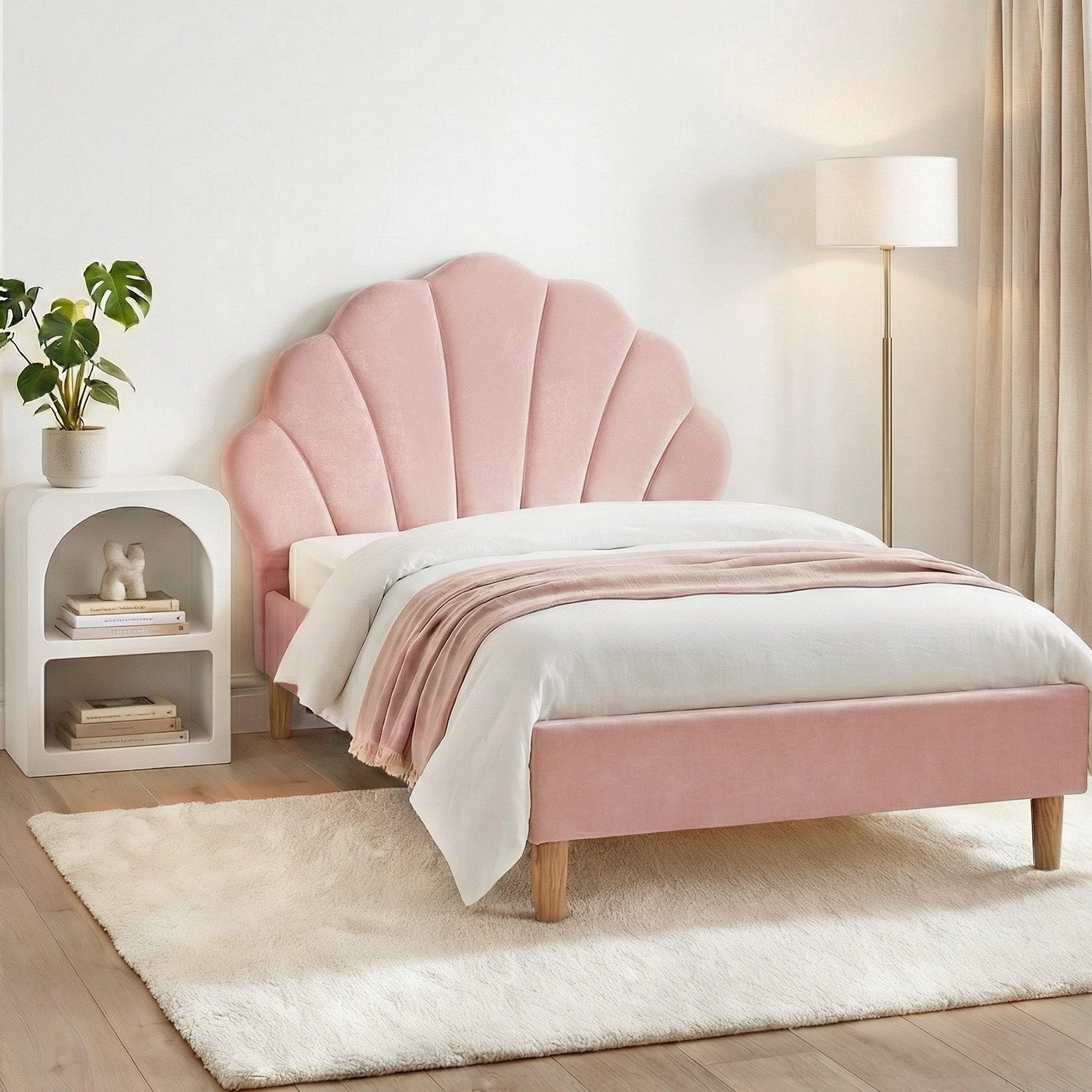 Artiss Bed Frame King Single with Bedside Table Set Scallop Headboard Pink Velvet Fabric Beds Base-Furniture > Bedroom > Beds & Bed Frames-PEROZ Accessories