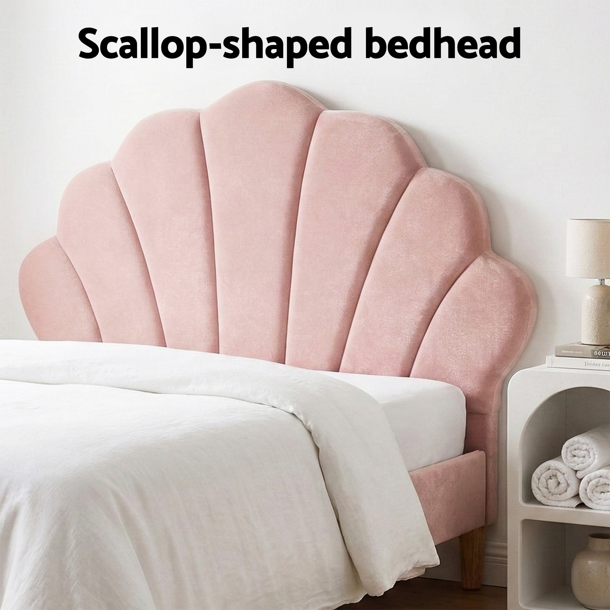 Artiss Bed Frame King Single with 2 Bedside Tables Set Scallop Headboard Pink Velvet Fabric Beds Base-Furniture > Bedroom > Beds & Bed Frames-PEROZ Accessories