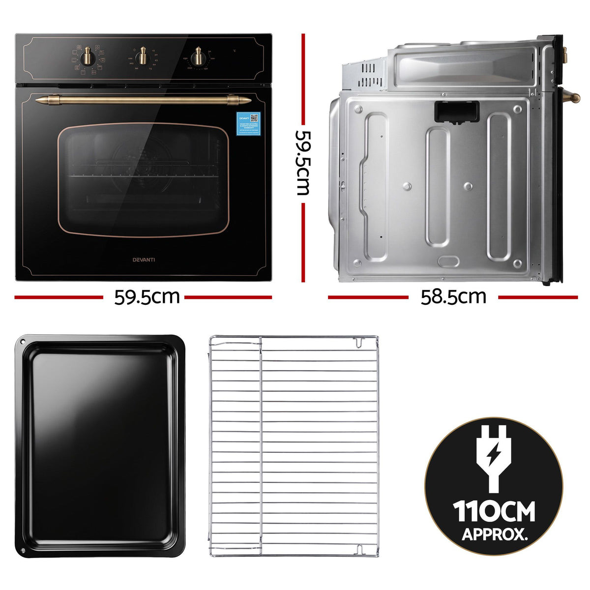Devanti 60cm Built-In Electric Oven 80L Gross 9 Functions Black-Appliances > Kitchen Appliances > Ovens-PEROZ Accessories