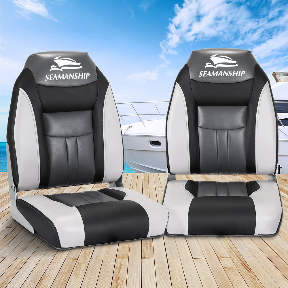 Seamanship 2X Folding Boat Seats Marine Seat Swivel High Back 12cm Padding Black-Outdoor > Boating-PEROZ Accessories