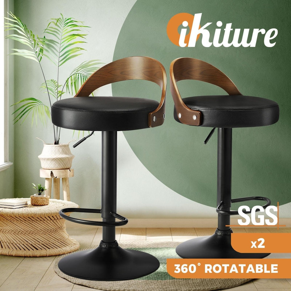 Oikiture Kitchen Bar Stools Gas Lift Swivel Chairs Stool Wooden PU Leather x2-Bar Stool-PEROZ Accessories