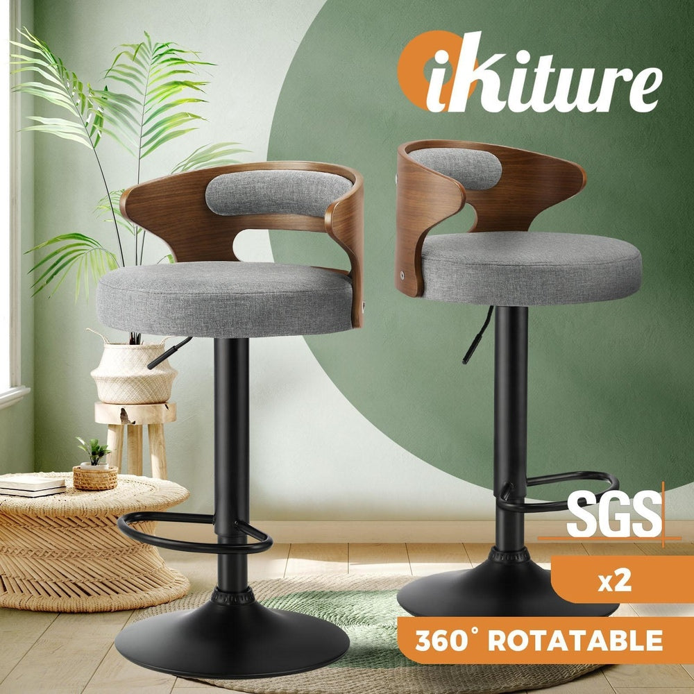 Oikiture Bar Stools Kitchen Gas Lift Swivel Chairs Stool Wooden Barstool Grey x2-Bar Stools-PEROZ Accessories