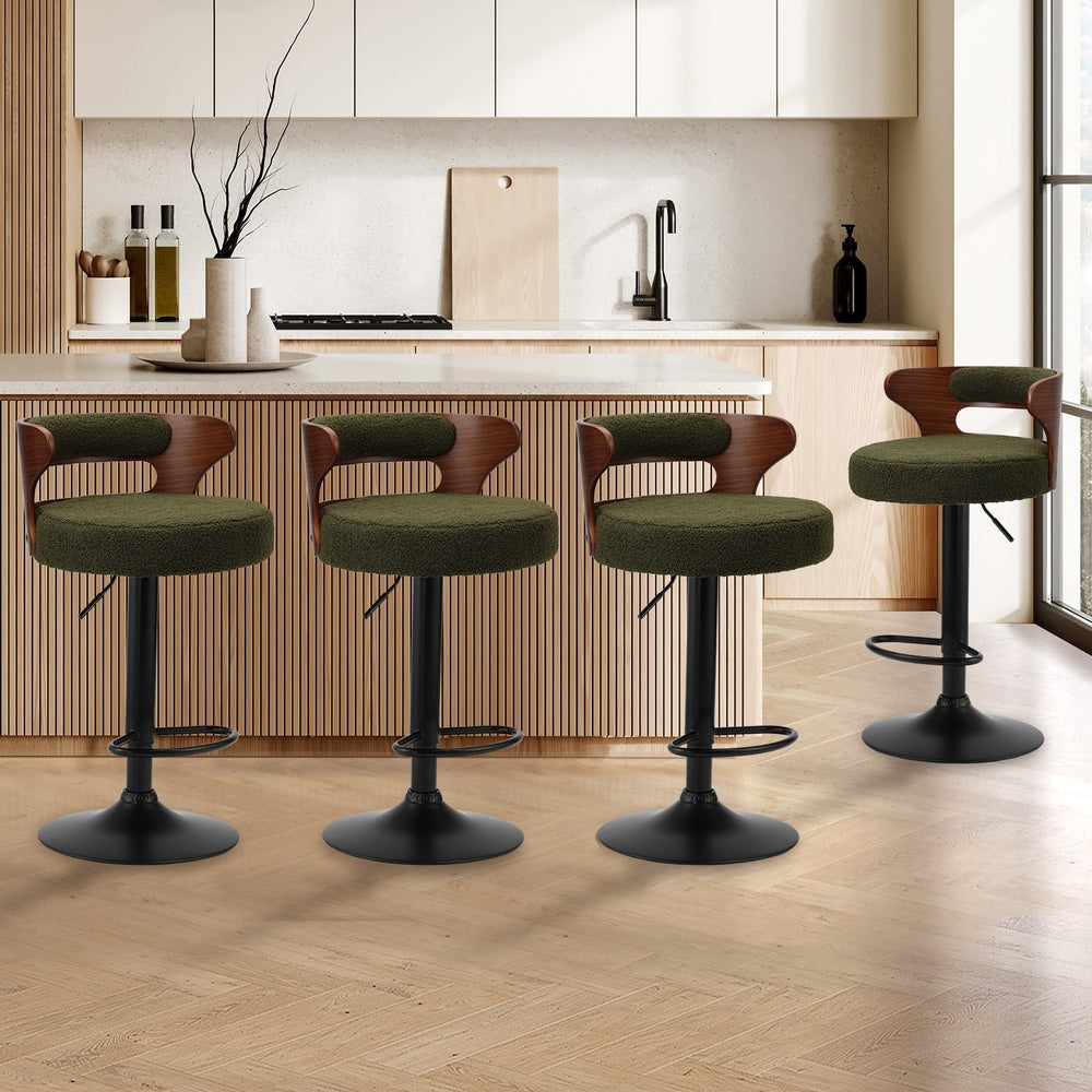 Oikiture 4x Bar Stools Gas Lift Swivel Chairs Wooden Boucle Green-Bar Stool-PEROZ Accessories
