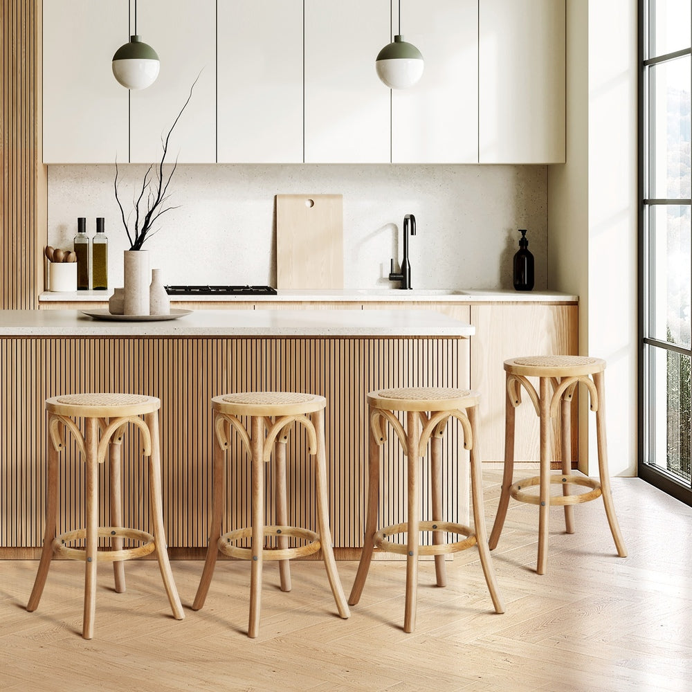 Oikiture 4x Bar Stools Dining Chair Rattan Seat Natural-Bar Stools-PEROZ Accessories