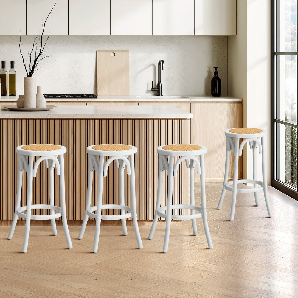 Oikiture Set of 4 Bar Stools Vintage Rattan Seat White-Bar Stools-PEROZ Accessories