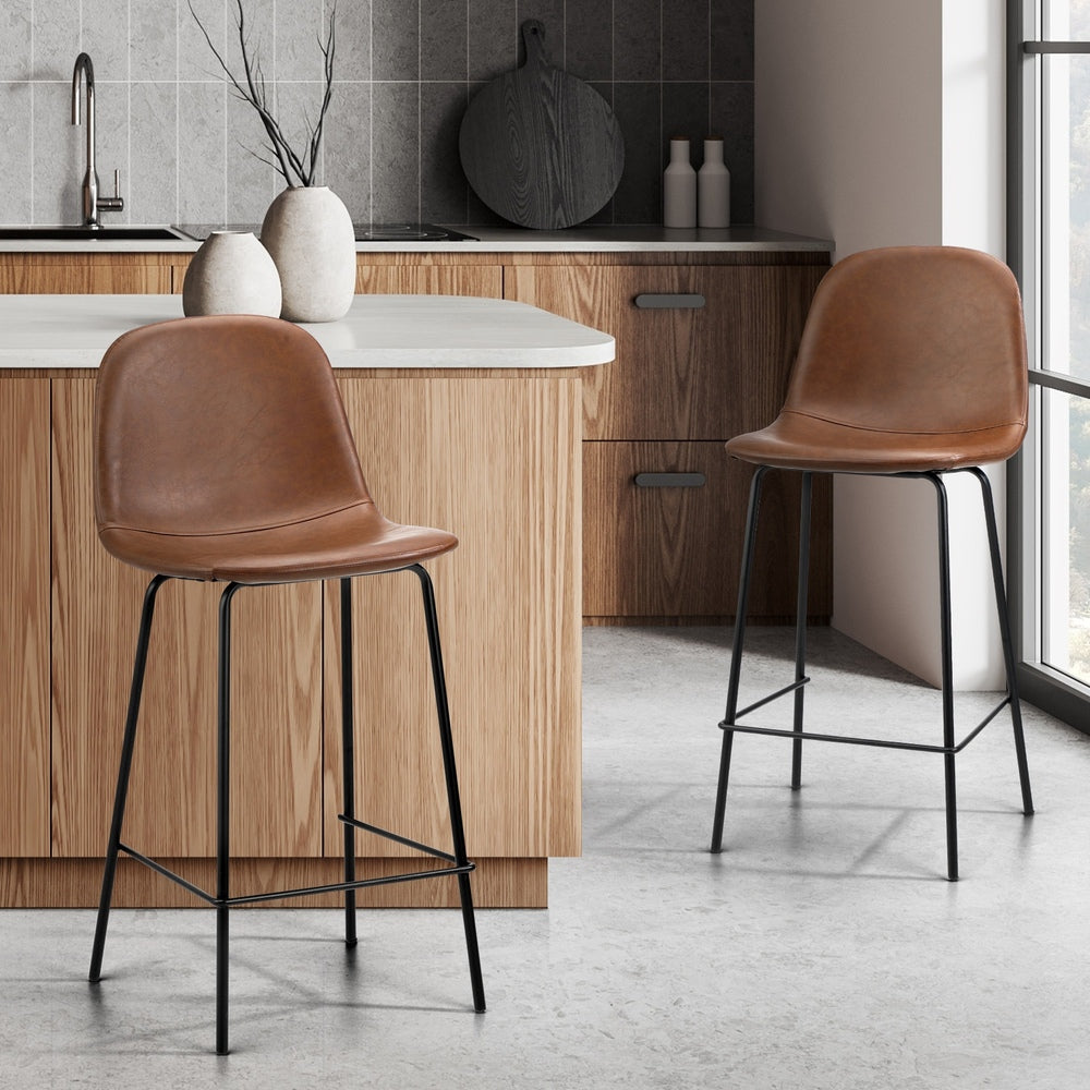 Oikiture 2x Bar Stools Kitchen Dining Chair PU Leather Brown-Bar Stool-PEROZ Accessories