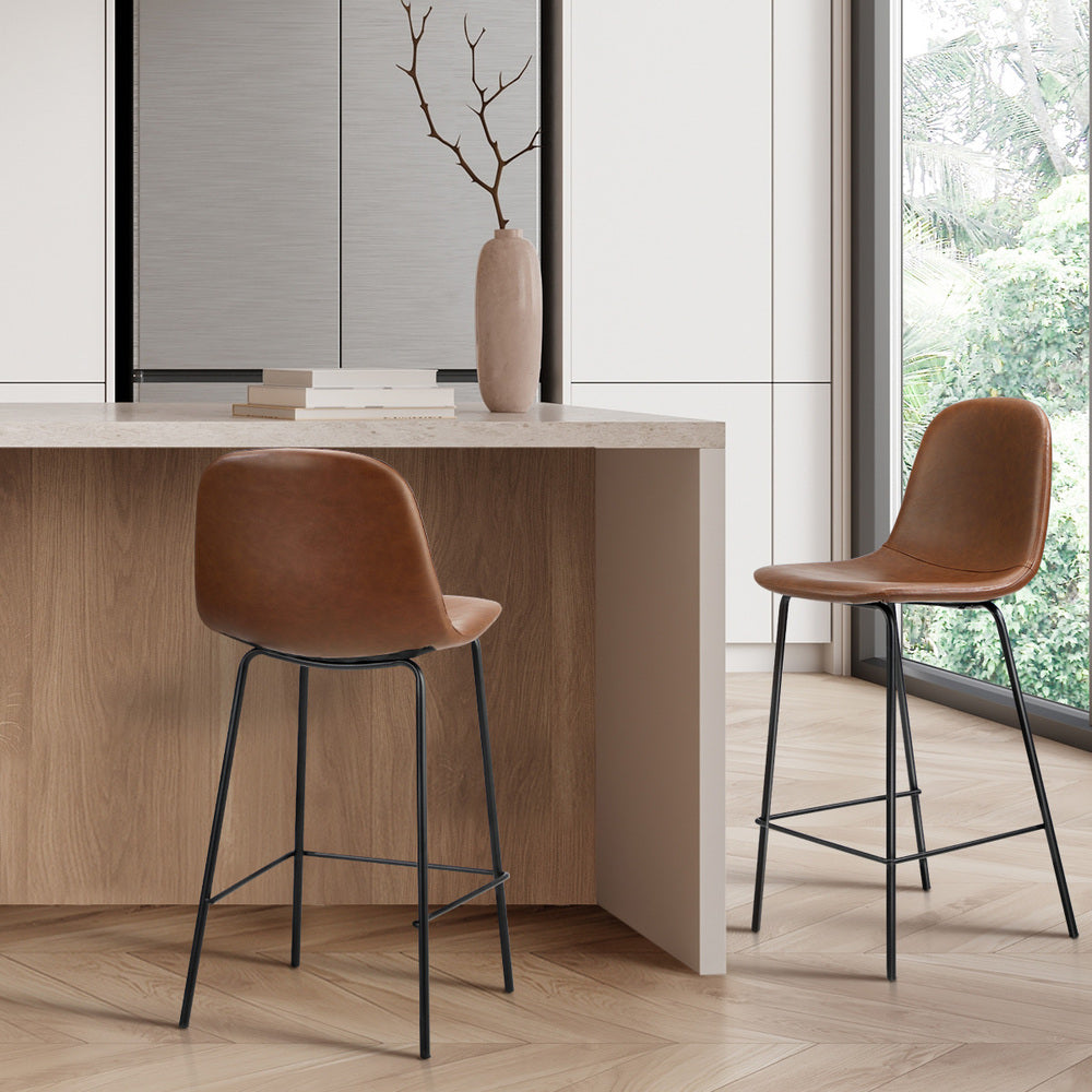 Oikiture 2x Bar Stools Kitchen Dining Chair PU Leather Brown-Bar Stool-PEROZ Accessories
