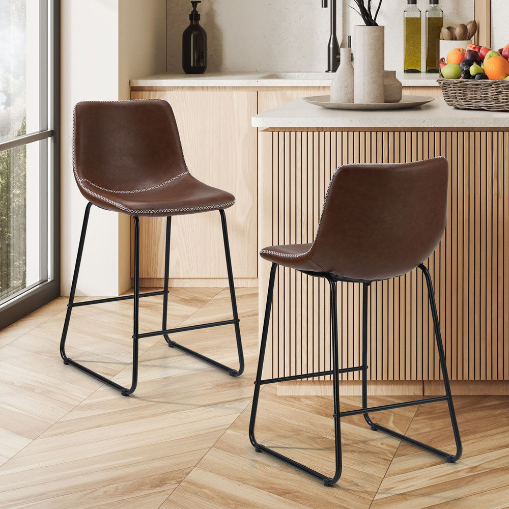 Oikiture 2x Bar Stools Leather Padded Stool Brown-Bar Stool-PEROZ Accessories