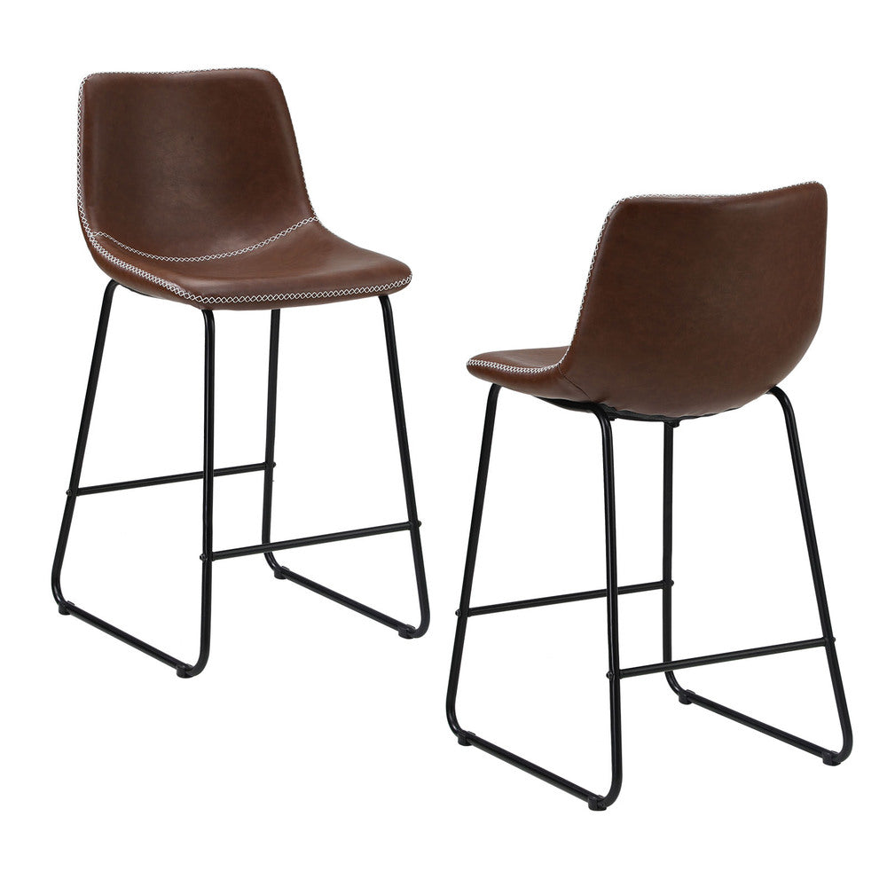 Oikiture 2x Bar Stools Leather Padded Stool Brown-Bar Stool-PEROZ Accessories