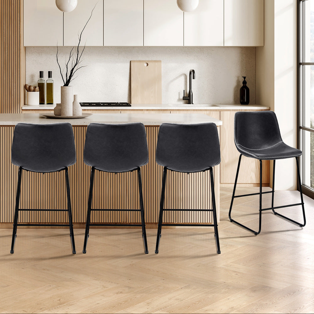 Oikiture 4x Bar Stools Kitchen Stool Metal Leather Grey-Bar Stool-PEROZ Accessories