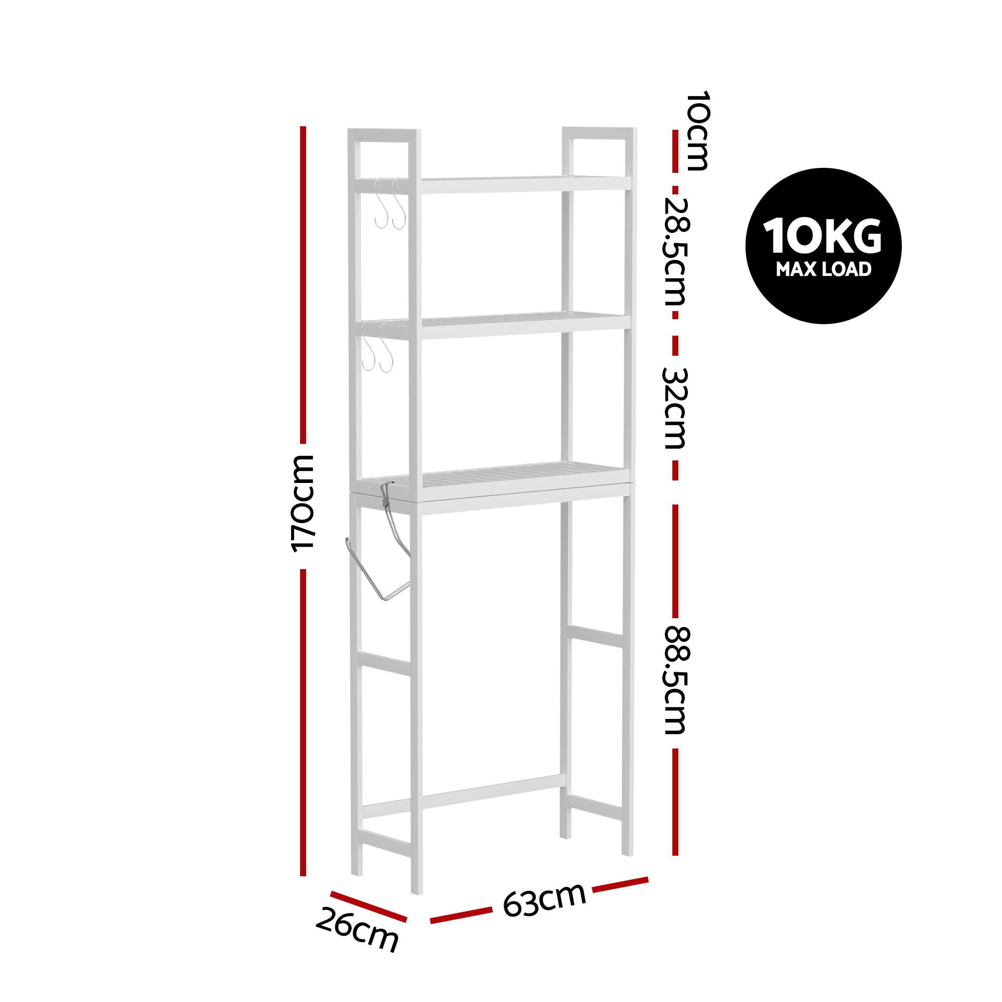 Artiss Over Toilet Storage Bathroom Rack Space Saving 3 Tier Organiser White-Furniture > Bathroom > Bathroom Cabinets, Cupboards & Storage-PEROZ Accessories
