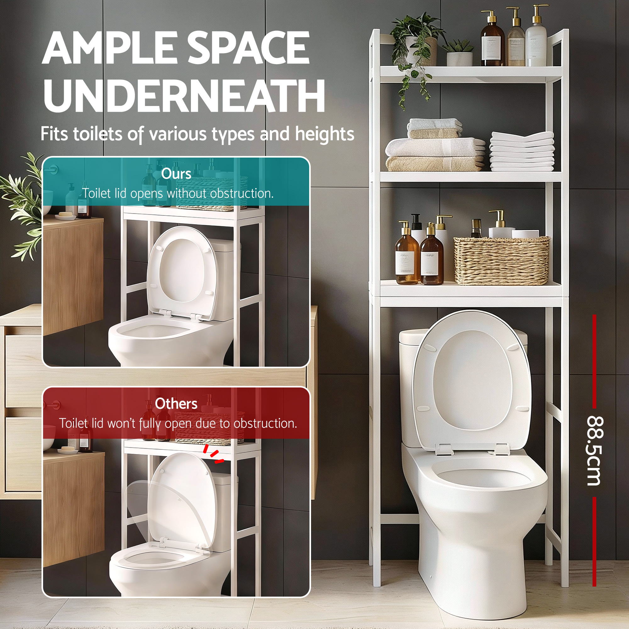 Artiss Over Toilet Storage Bathroom Rack Space Saving 3 Tier Organiser White-Furniture > Bathroom > Bathroom Cabinets, Cupboards & Storage-PEROZ Accessories