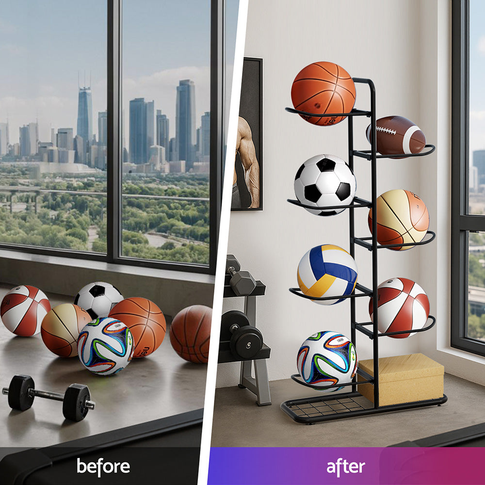 Everfit Ball Storage Rack Sports Equipment Organizer 7-Tier Holder for Garage Gym Black-Tools > Tools Storage > Wall Storage Racks-PEROZ Accessories