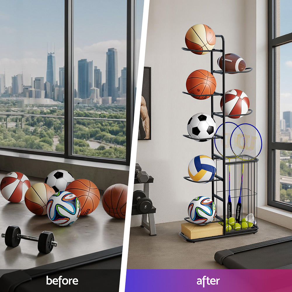 Everfit Ball Storage Rack Sports Equipment Organizer 7-Tier with Basket for Garage Gym Black-Tools > Tools Storage > Wall Storage Racks-PEROZ Accessories