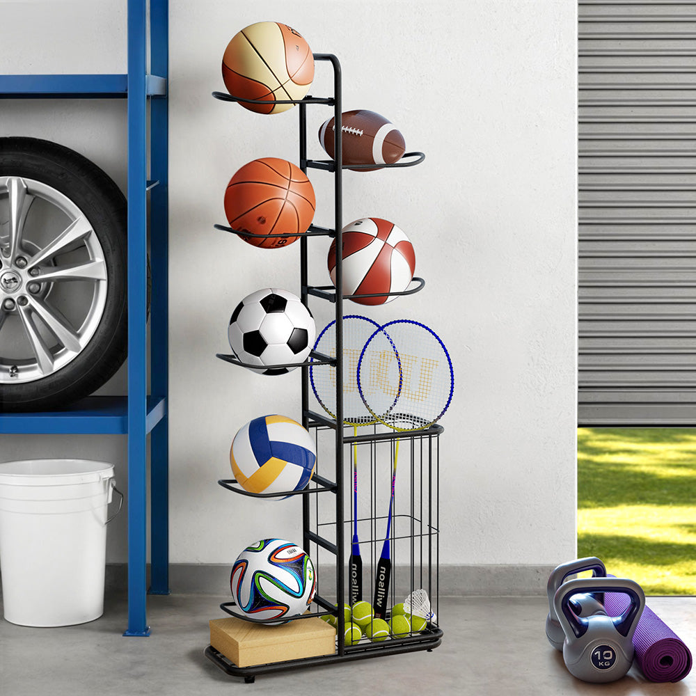 Everfit Ball Storage Rack Sports Equipment Organizer 7-Tier with Basket for Garage Gym Black-Tools > Tools Storage > Wall Storage Racks-PEROZ Accessories