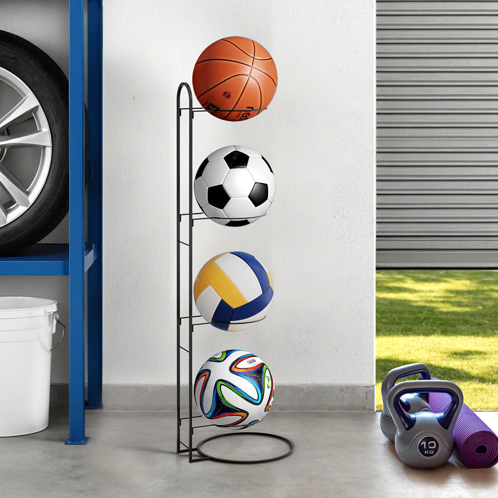 Everfit Ball Storage Rack Sports Equipment Organizer 4-Tier Holder for Garage Gym Black-Tools > Tools Storage > Wall Storage Racks-PEROZ Accessories