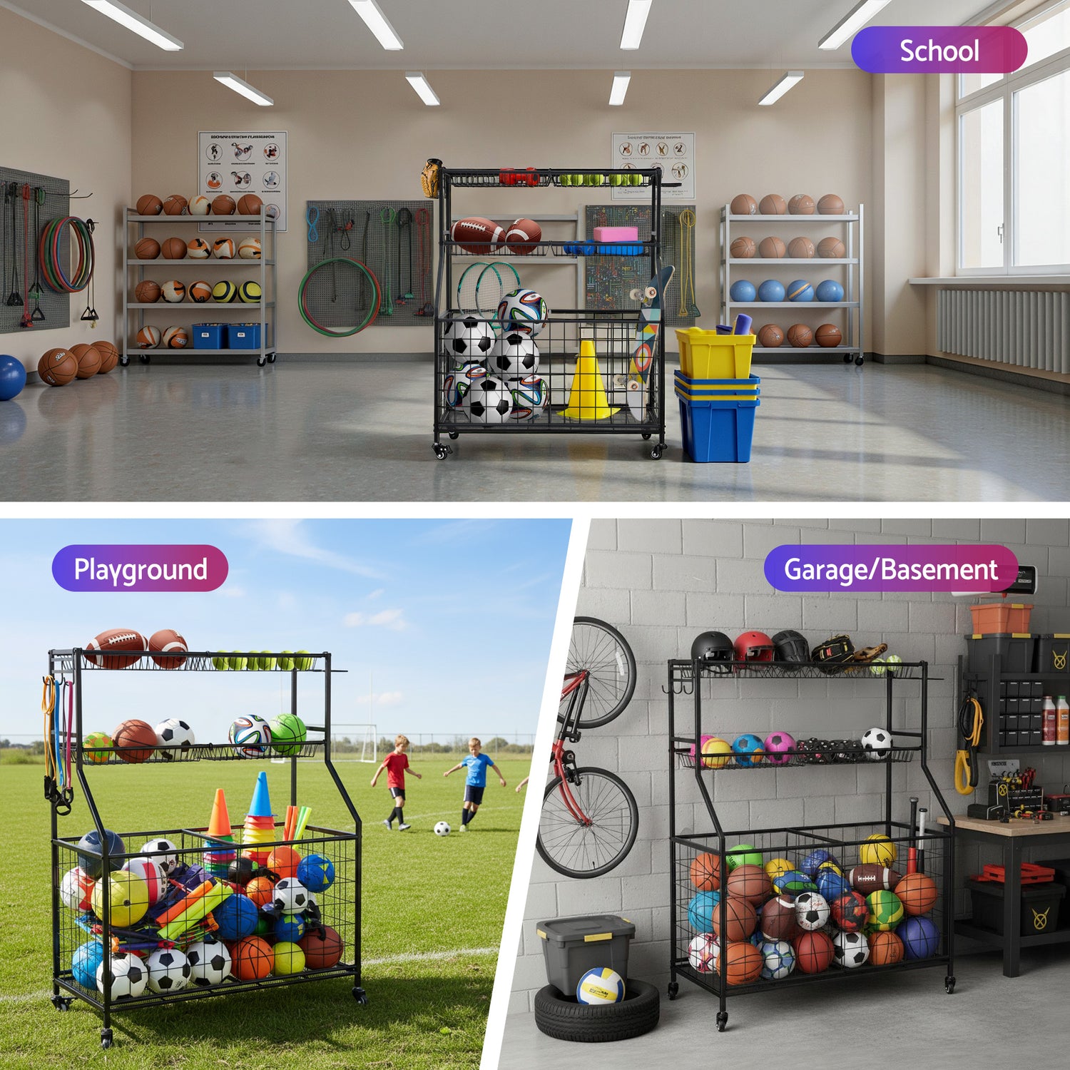 Everfit Sports Equipment Organizer Storage with Wheels Multi-Sport Garage Gym Black-Tools > Tools Storage > Wall Storage Racks-PEROZ Accessories