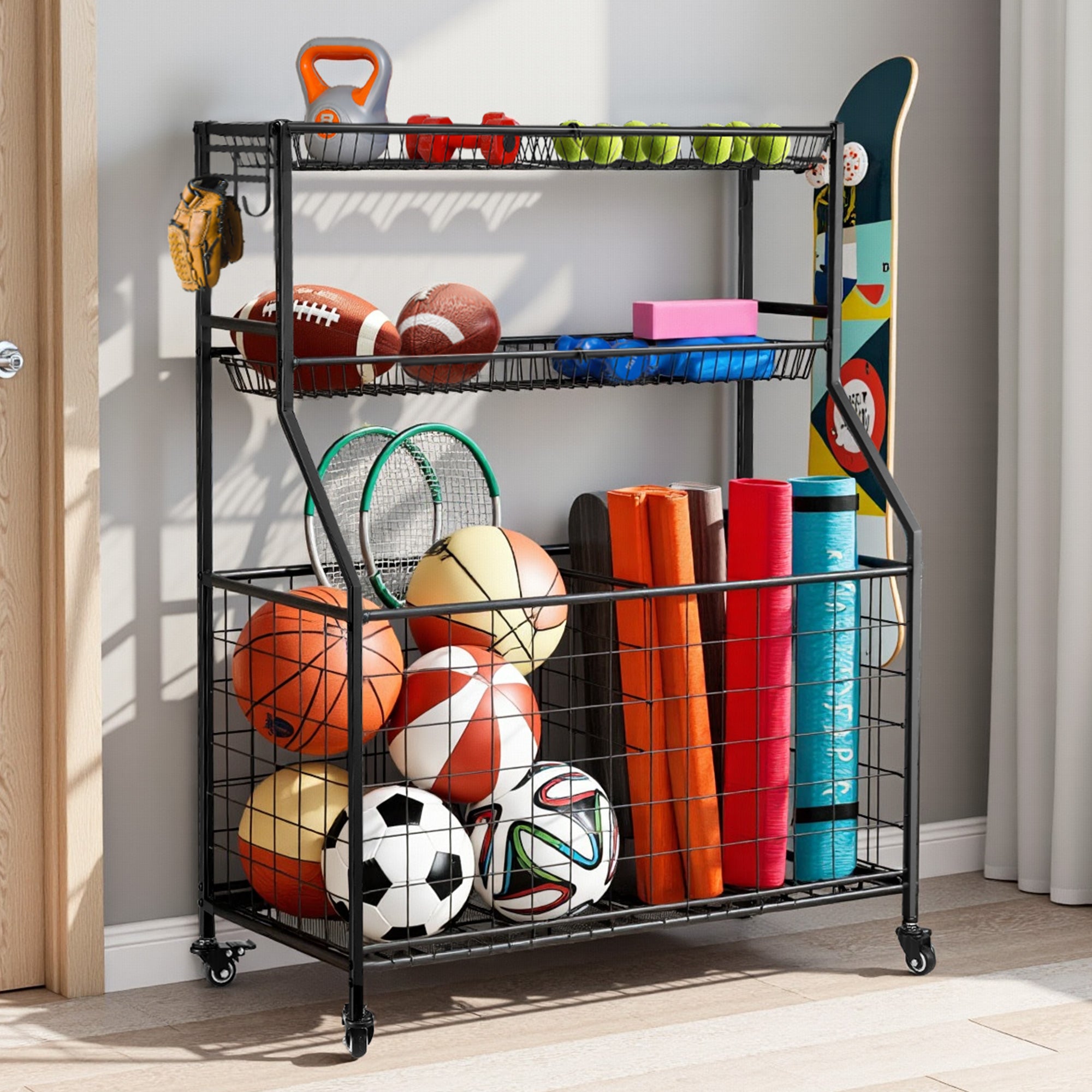 Everfit Sports Equipment Organizer Storage with Wheels Multi-Sport Garage Gym Black-Tools > Tools Storage > Wall Storage Racks-PEROZ Accessories