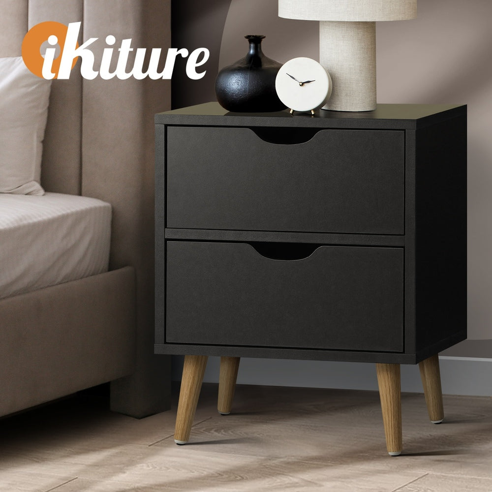 Oikiture Bedside Tables 2 Drawers Side Table Bedroom Furniture Storage Black-Bedside Tables-PEROZ Accessories