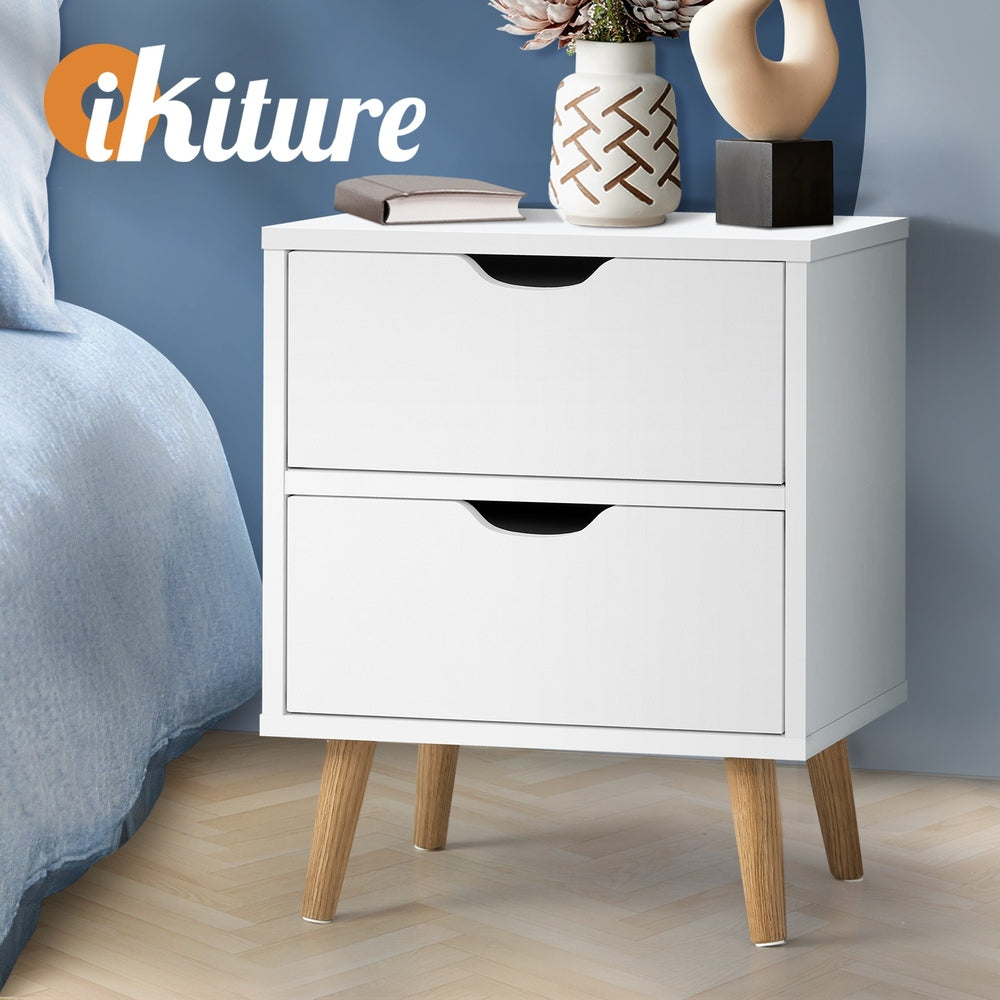 Oikiture Bedside Table with 2 Drawers, Wooden Side Table Nightstand Storage Cabinet White-Bedside Tables-PEROZ Accessories