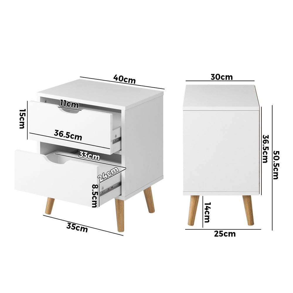 Oikiture Bedside Table with 2 Drawers, Wooden Side Table Nightstand Storage Cabinet White-Bedside Tables-PEROZ Accessories
