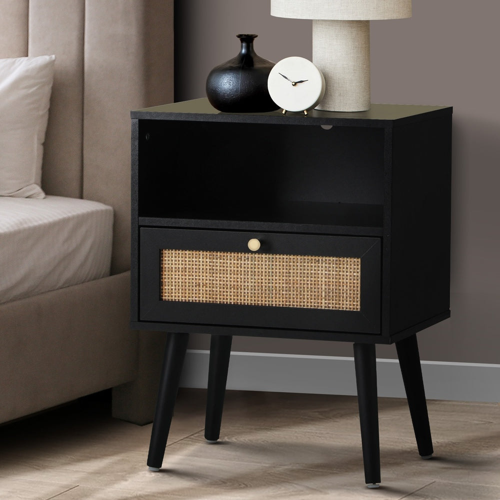 Oikiture Bedside Table Storage Drawer Shelf Rattan Black-BedSide Tabless-PEROZ Accessories