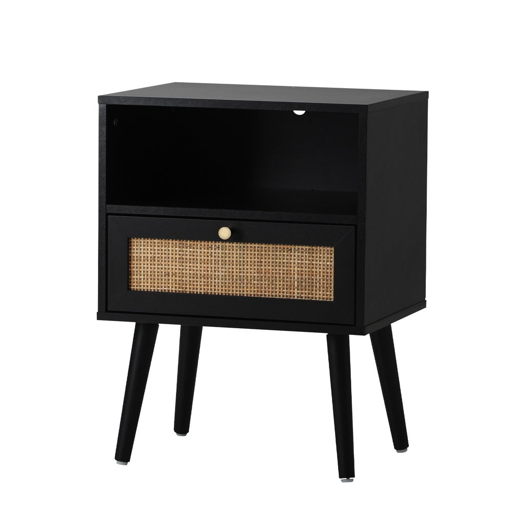 Oikiture Bedside Table Storage Drawer Shelf Rattan Black-BedSide Tabless-PEROZ Accessories