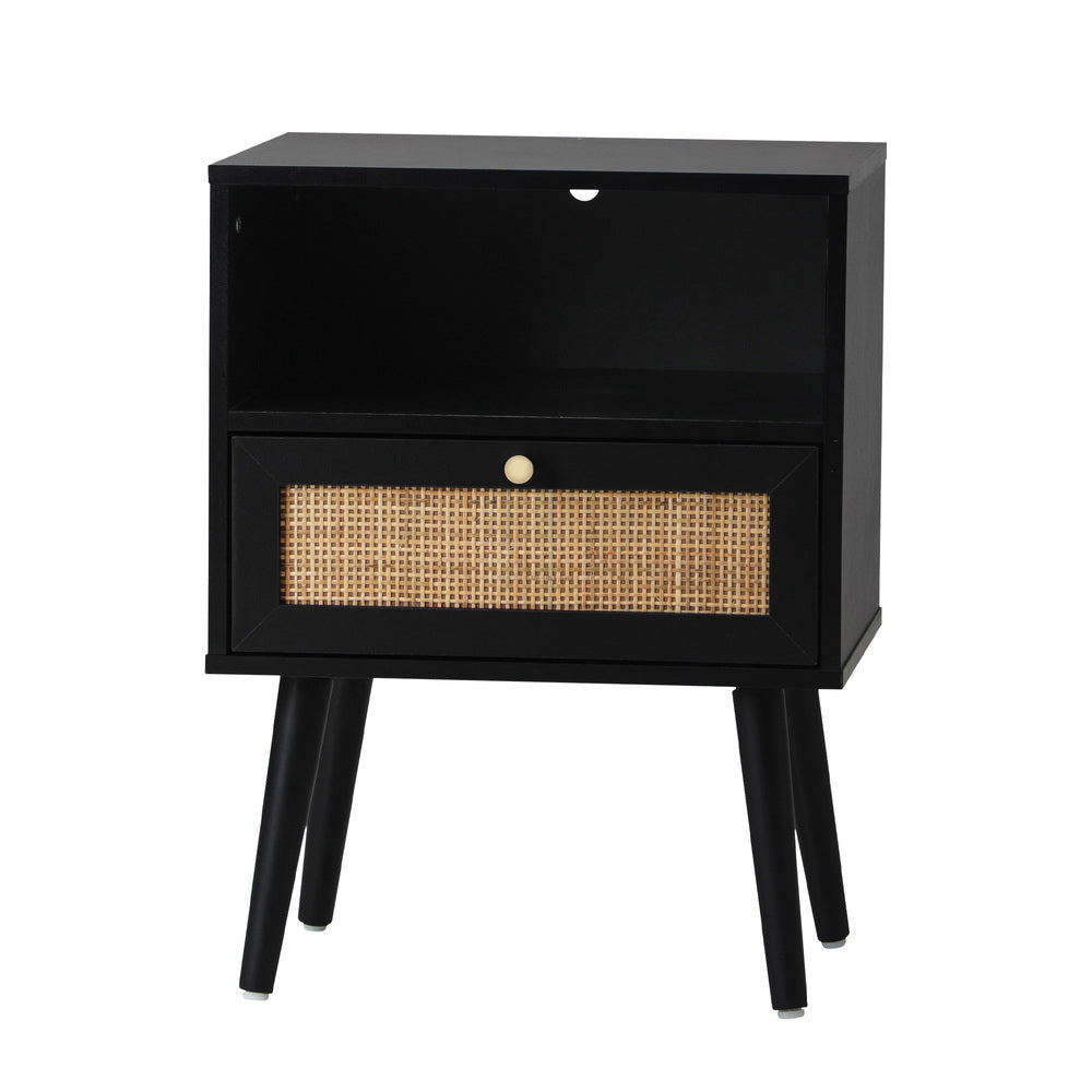 Oikiture Bedside Table Storage Drawer Shelf Rattan Black-BedSide Tabless-PEROZ Accessories