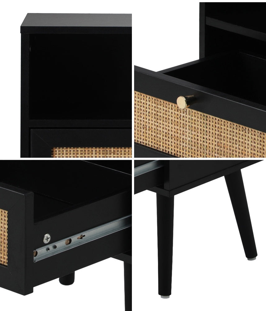 Oikiture Bedside Table Storage Drawer Shelf Rattan Black-BedSide Tabless-PEROZ Accessories